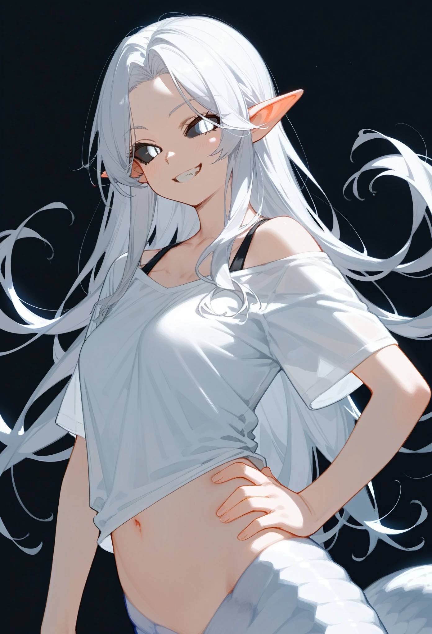 Best quality, score_9, score_8_up, score_7_up, 1girl, lamia monstergirl, white scales, white belly, white eyes, (black sclera), white hair, long hair, parted bangs, pointy ears, hand on hip, white oversize shirt, off shoulder, short sleeves, saggy shirt, navel, closed mouth, grin, fang, looking at viewer, black background, upper body, zoom out, 