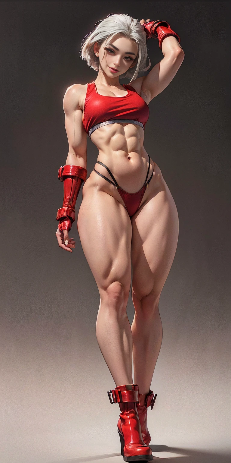 (plain background, 8k, best quality, masterpiece, realistic, photo-realistic:1.37) (full body height standing straight symmetrical contrapposto) (looking at viewer) 2legs apart (wide stance) ultra detailed, 1solo cute girl (beautiful detailed eyes) (smile:1.2) (closed mouth) view from below depth of field, good composition, WHITE SILVER bob hair, perfect knockers, suspenders, toned body, athletic, wide hips, thin waist, toned arms, exposed abdomen, abs toned, navel, big belly button belt ((red cheeks, red eyes, red tank top, red thong, red gloves gauntlets))