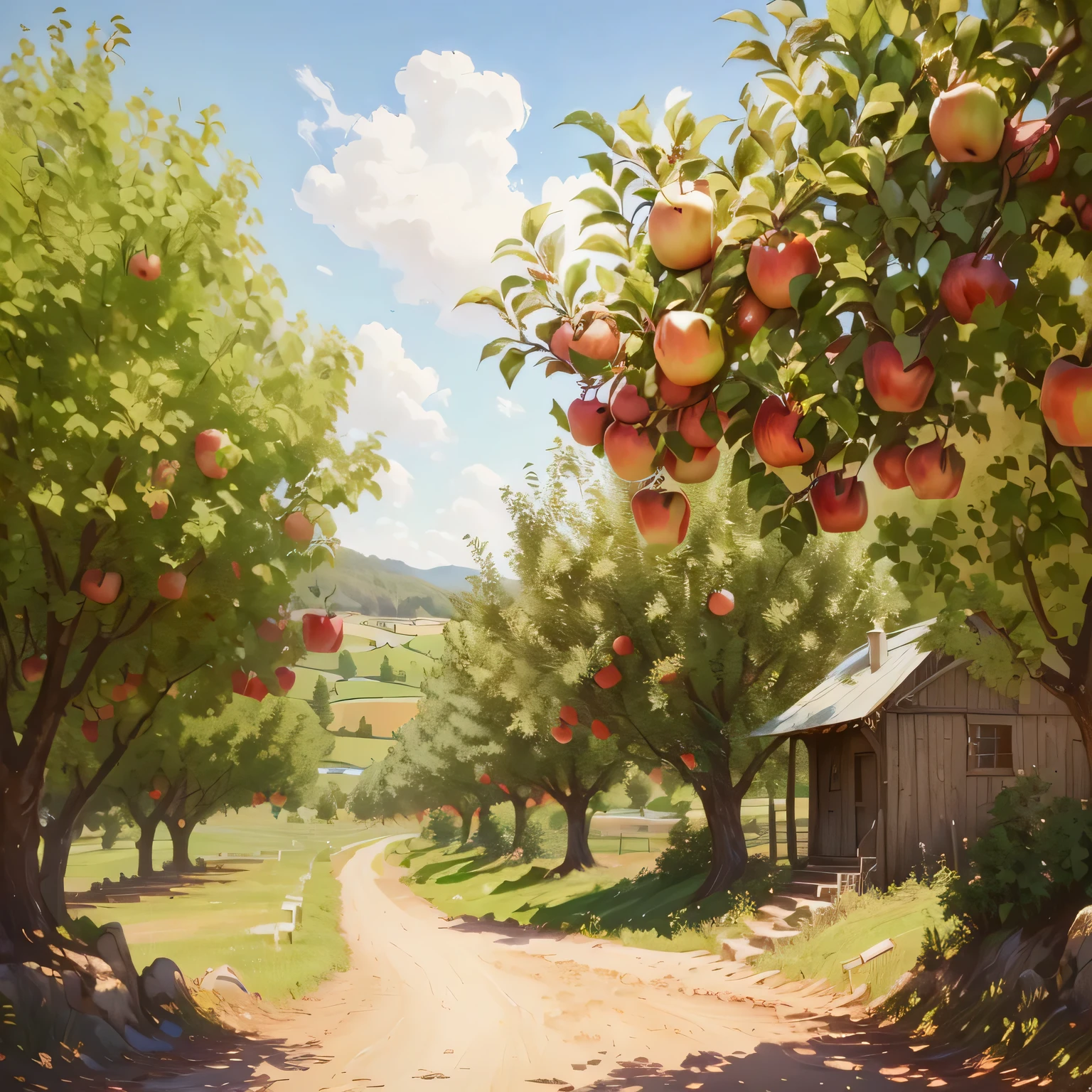 there are many apples hanging from the trees in the orchard, apple trees, anime countryside landscape, digital painting highly detailed, beautiful digital painting, detailed painting 4 k,  bit realistic painting, highly detailed digital painting, gorgeous digital painting, very detailed digital painting, beautiful oil matte painting, idyllic and fruitful land, highly detailed 4 k painting, 3 d virtual landscape painting