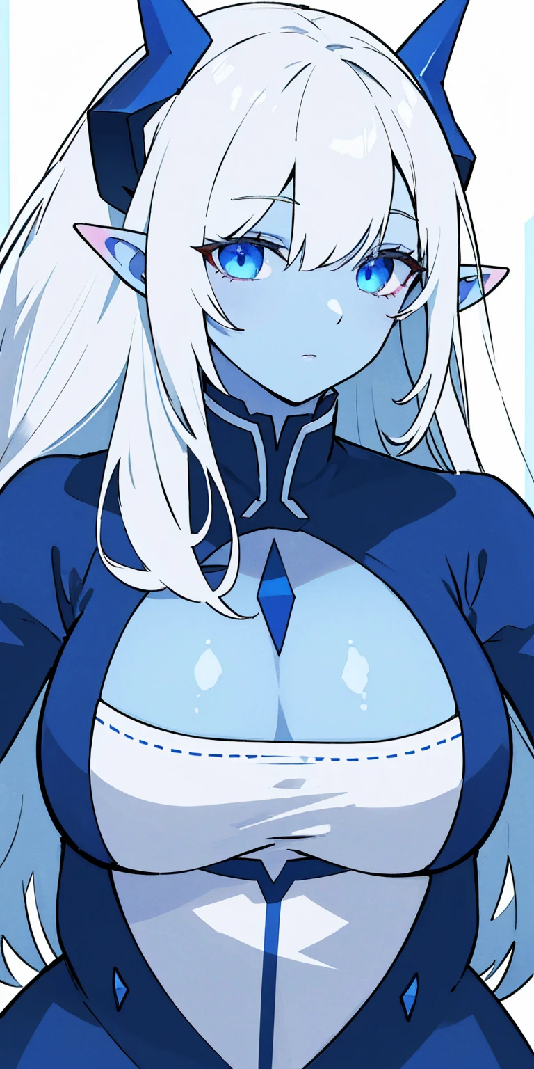 Big, blue skin color, white hair, blue ayes, pointy ears, hyper realistic, ultra detail, high res