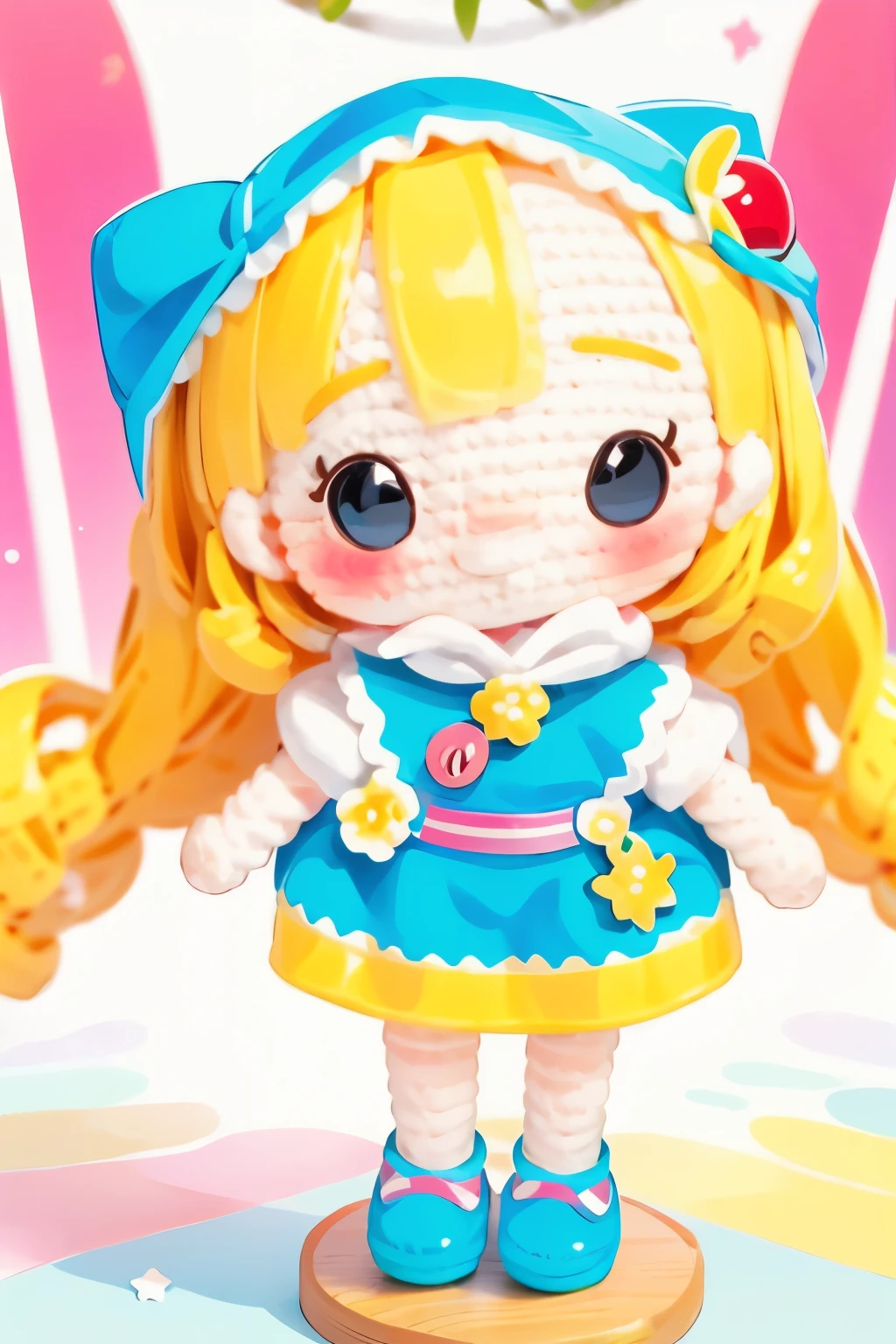 Photorealistic、Chibi Girl Doll（Apple-themed clothing、Have a magic wand、smile、Vibrant colors）