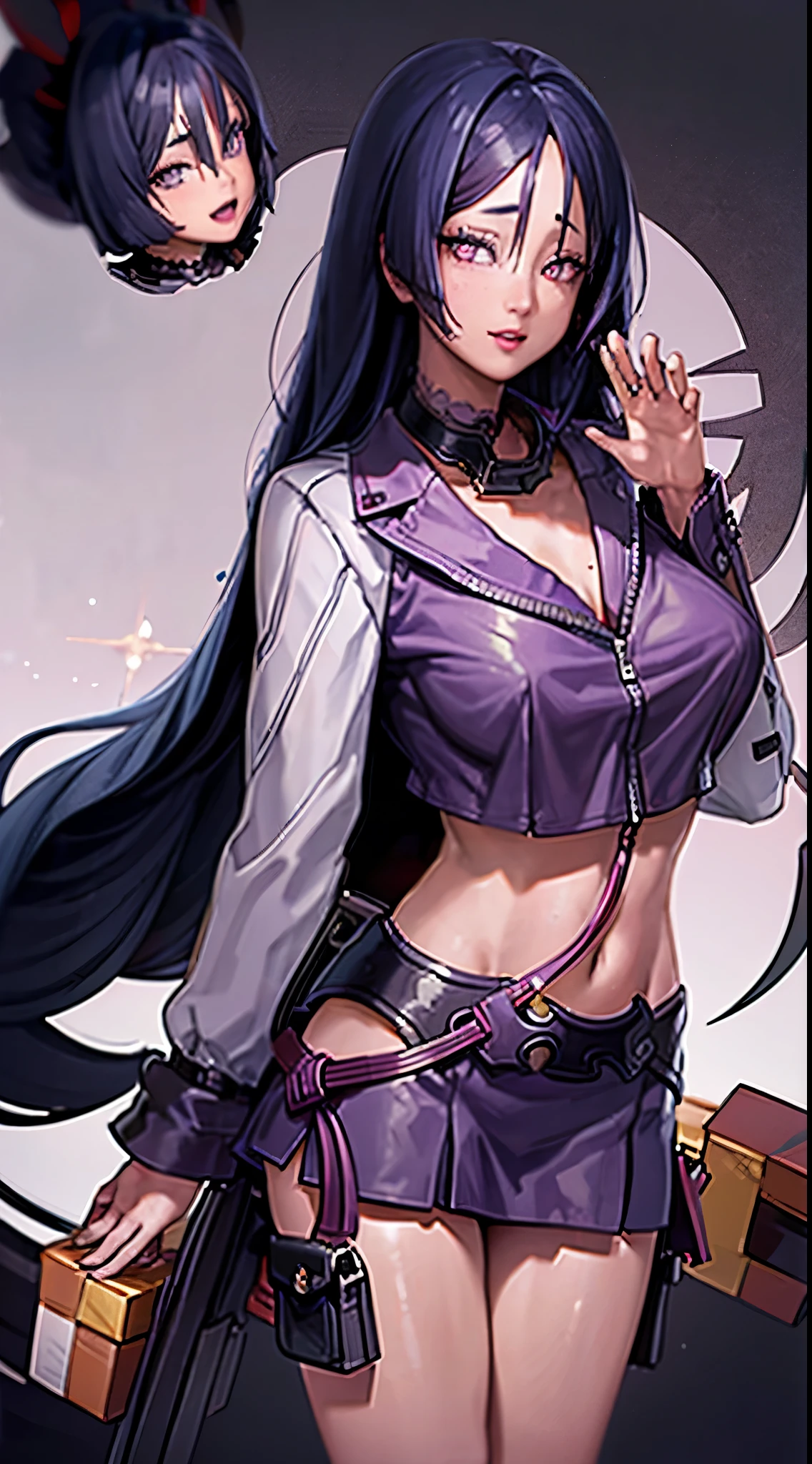 Adult woman, black skin, long purple hair, red eyes, purple top, leather jacket, leather mini skirt, wide hips, small waist, open belly, open breasts, black lipstick, Masterpiece, hiquality, perfect fingers, perfect limbs