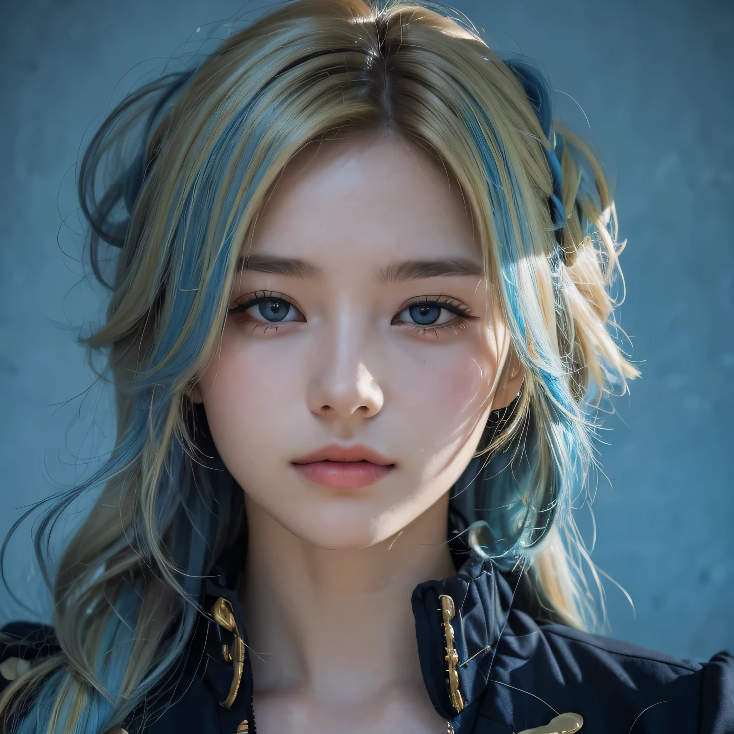 1 girl,kaiser Michael,long hair,blue and Blonde hair, ultra detail, realistic, 70mm lens