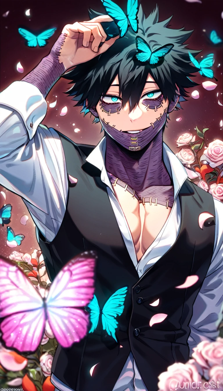 absurdres, highres, ultra detailed, HDR, master piece, best quality, Dabi, black hair spiked around his head, hair between the eyes, expressive turquoise eyes, Boku No Hero Academia, solo, sexy man, handsome, toned chest, white shirt, black vest, cross, butterflies, petals, magical