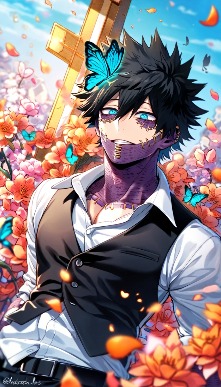 absurdres, highres, ultra detailed, HDR, master piece, best quality, Dabi, black hair spiked around his head, hair between the eyes, expressive turquoise eyes, Boku No Hero Academia, solo, sexy man, handsome, toned chest, white shirt, black vest, cross, butterflies, petals, magical