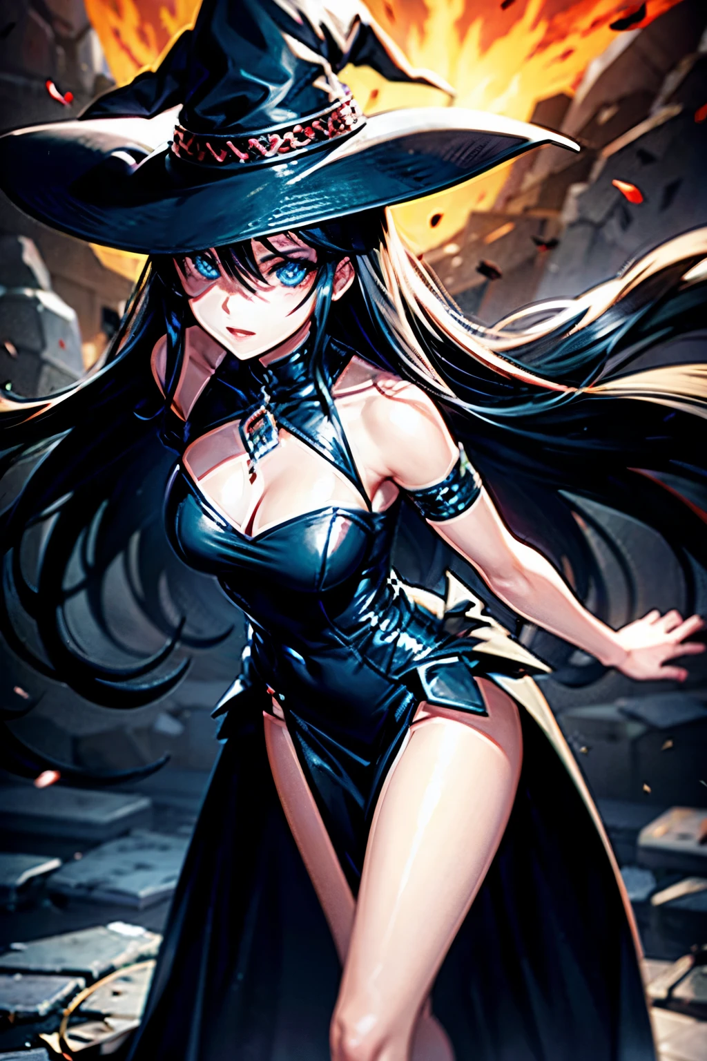WITCH BEAUTIFUL WOMAN, MANIPULATOR OF BLOOD AND FIRE, BLACK HAIR, BLUE EYES AND BLACK DRESS, GAME RPG STYLE