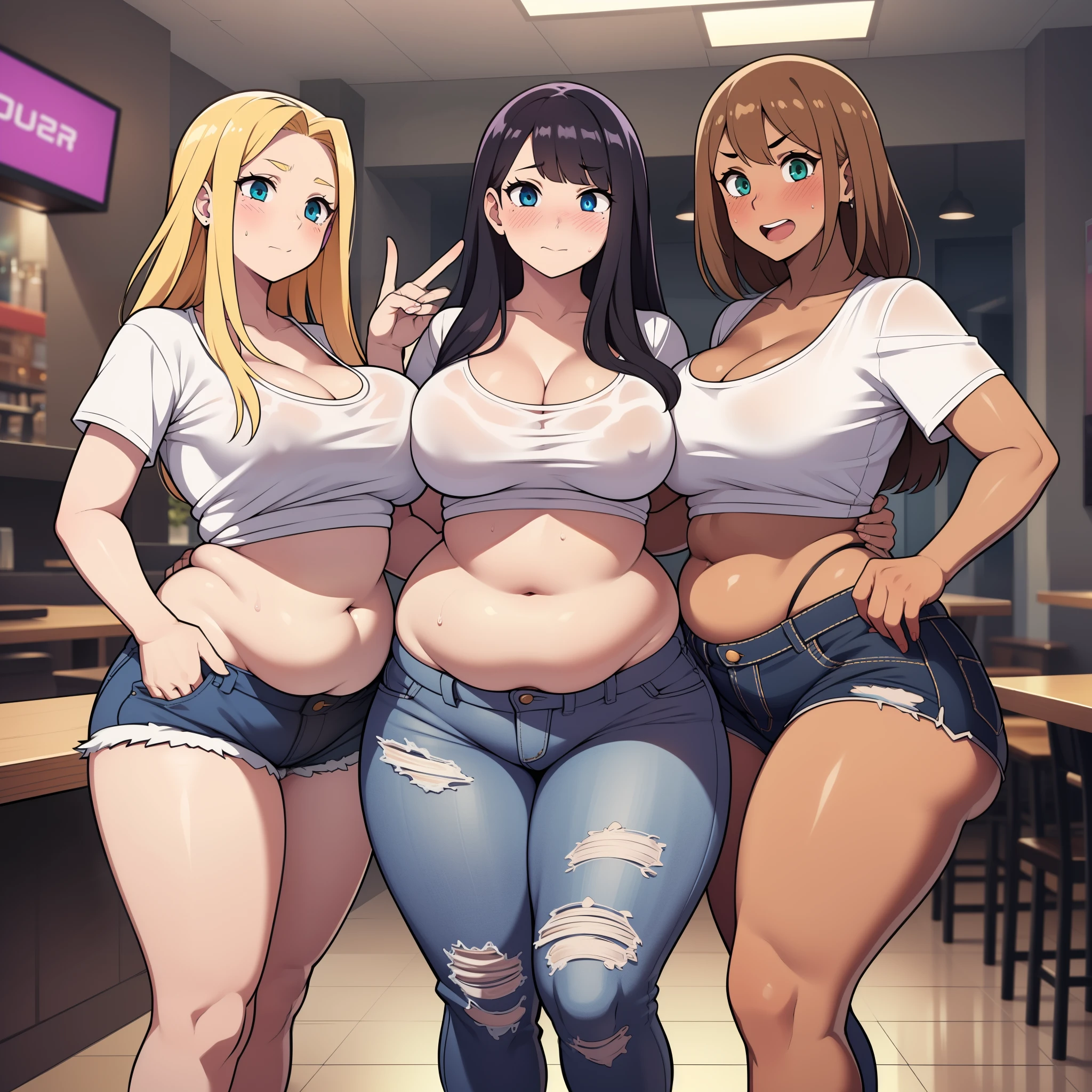 ((highres)), Masterpiece, high quality, best quality, beautiful, perfect lighting, detailed face, ultra cute face, ((blushing)), embarrassed, (((2girls))), one girl has blonde hair, blue eyes, crop top and shorts skindentation, one girl has brown hair, green eyes, jeans, white shirt, tight clothes, one girl has, full body, fast food restaurant, cleavage, medium breasts, ((wide hips)), ((thick thighs)), (fat ass), ((plump)), chubby belly, fat folds, belly hang, standing, touching each other, (belly grab),