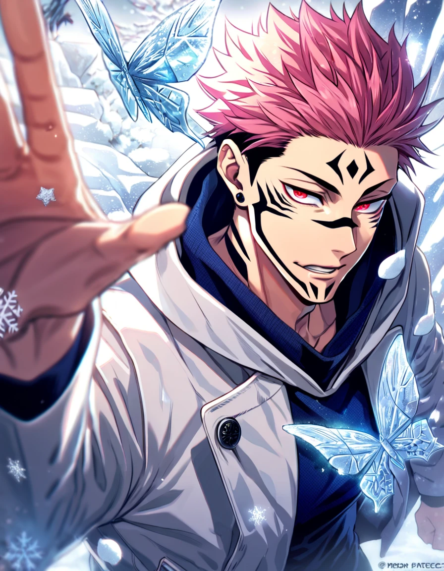 Ultra detailed, Highres, absurdres, HDR, Ryomen Sukuna, pink hair, expressive red eyes, white coat with patterns with a hoddie, Jujutsu Kaisen, white flowers, winter, ice, snowflakes, petals, handsome, sexy man, solo, very detailed eyes and face, ice butterflies, master piece, toned chest, glittering