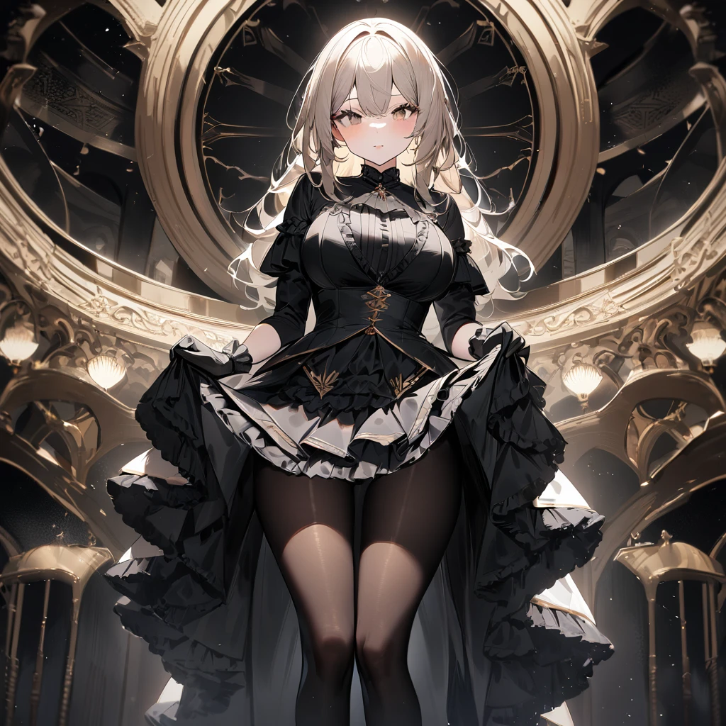 1 girl,best quality, very aesthetic,absurdres,looking at viewer,front view,Lovely lady,,skirt lift,high-grade,layer,westfrill,light hair,multilayer,blackcolor,trim,(side-Crisscross),breasts,upscale,Layered,yellow pale,blackglove,pantyhose,lovely,all black