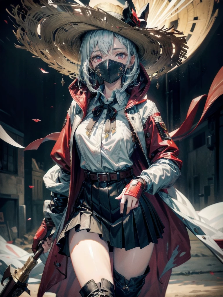 cool cowgirl, cowboy hat, blouse, decorated hooded armor jacket, cross belt, mini skirt, Red leather long boots, absurdres, RAW photo, extremely delicate and beautiful, masterpiece, Best Quality, ultra high resolution, 32k, hyperrealistic, ultra-detailed, detailed description, pale skin, 20 years old, tearful mole, earring, short medium hair, wavy hair, whole body shot,