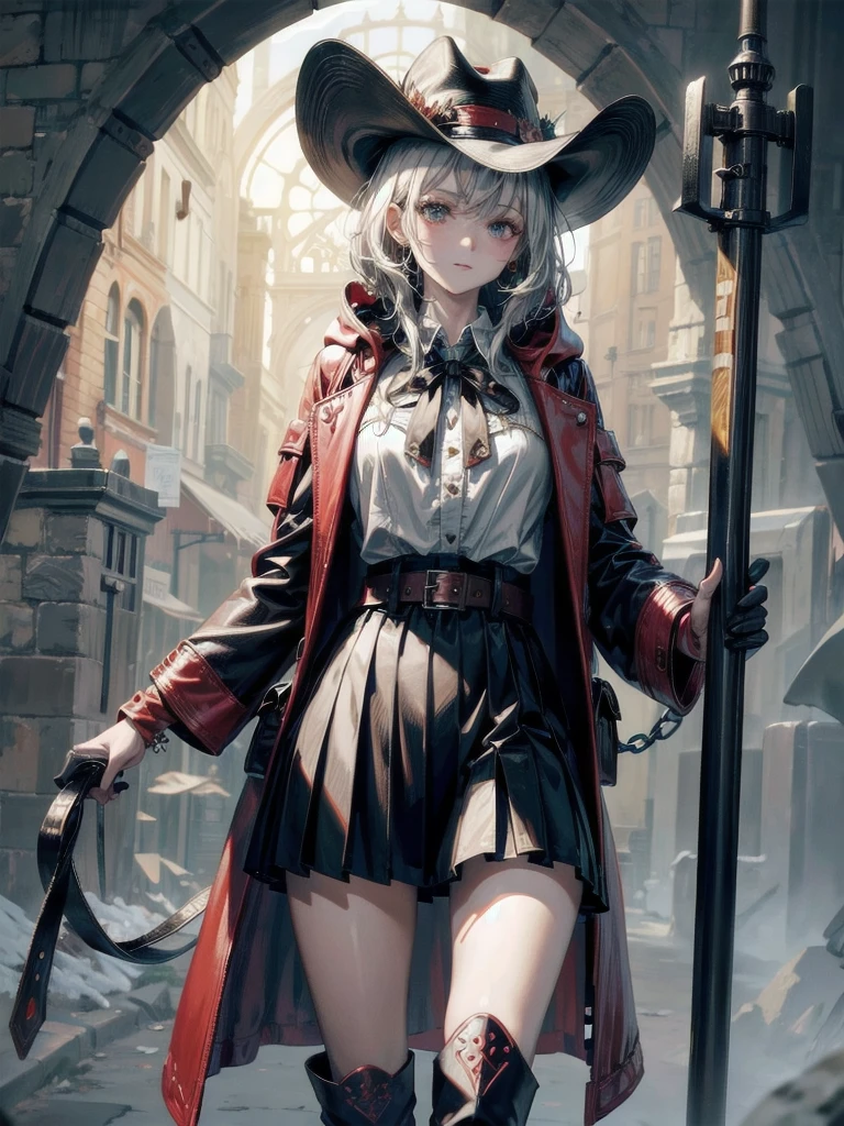 cool cowgirl, cowboy hat, blouse, decorated hooded armor jacket, cross belt, mini skirt, Red leather long boots, absurdres, RAW photo, extremely delicate and beautiful, masterpiece, Best Quality, ultra high resolution, 32k, hyperrealistic, ultra-detailed, detailed description, pale skin, 20 years old, tearful mole, earring, short medium hair, wavy hair, whole body shot,