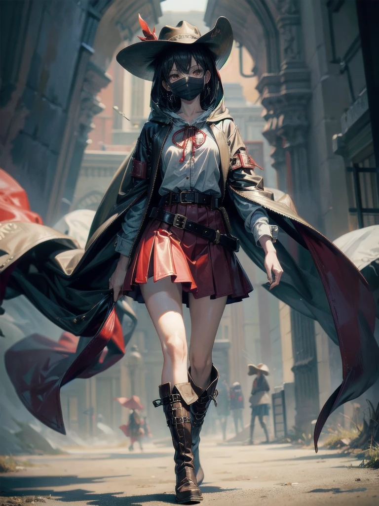cool cowgirl, cowboy hat, blouse, decorated hooded armor jacket, cross belt, mini skirt, Red leather long boots, absurdres, RAW photo, extremely delicate and beautiful, masterpiece, Best Quality, ultra high resolution, 32k, hyperrealistic, ultra-detailed, detailed description, pale skin, 20 years old, tearful mole, earring, short medium hair, wavy hair, whole body shot,