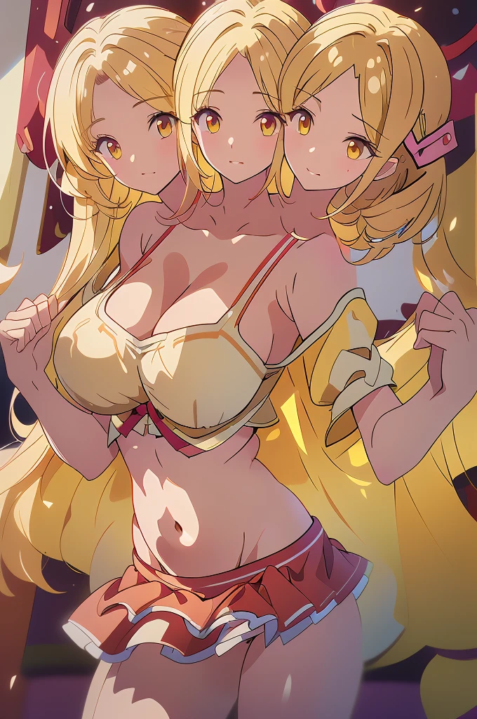(masterpiece, best quality), best quality, best resolution, (ultra-detailed), (3heads:1.5), 1girl, (yuki:1.3), masterpiece, best quality, ultra quality, ultra resolution, ultra detail, dark red and pink top, crop top, ((stomach)), midriff, ((groin)), dark red and pink skirt, normal ears, shackles, blonde hair, very long hair, wavy hair, sidelocks, yellow eyes, parted lips, open belly, sweat, cute, toned belly, hand on own chest, eyelashes, (24 year old woman:1.3), (masterpiece:1.5), (best quality:1.5), (beautiful detailed), extremely detailed CG, extremely delicate and beautiful, depth of field, (finely detailed face), (perfect details:1.2), (mature female:1.3), wide pelvis, slender, large veiny breast, 16k resolution, highres, very high quality, very high definition, extremely detailed, masterpiece, best quality, blonde hair, long hair, alluring presence, braid, short skirt, close up, big tits, young, pink ribbon, girl with three heads, same hair color, blonde,