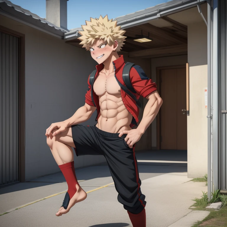 horikoshi kouhei, absurdres, teen bakugou katsuki, blonde hair, boku no hero academia, chama kou, highres, looking away, male focus, short hair, spiked hair, 4k quilty, school, ( teen Bakugo_Katsuki, detailed eyes, detailed face, (((full body))), visible foot, from side, wearing UI uniform, standing on the ground, sandy blond hair, smile face, looking at viewer, embarrassed, blush, camera viewing the front, masterpiece, best quality, male focus, upper body, handsome, male, gay, smooth and sharp focus.
