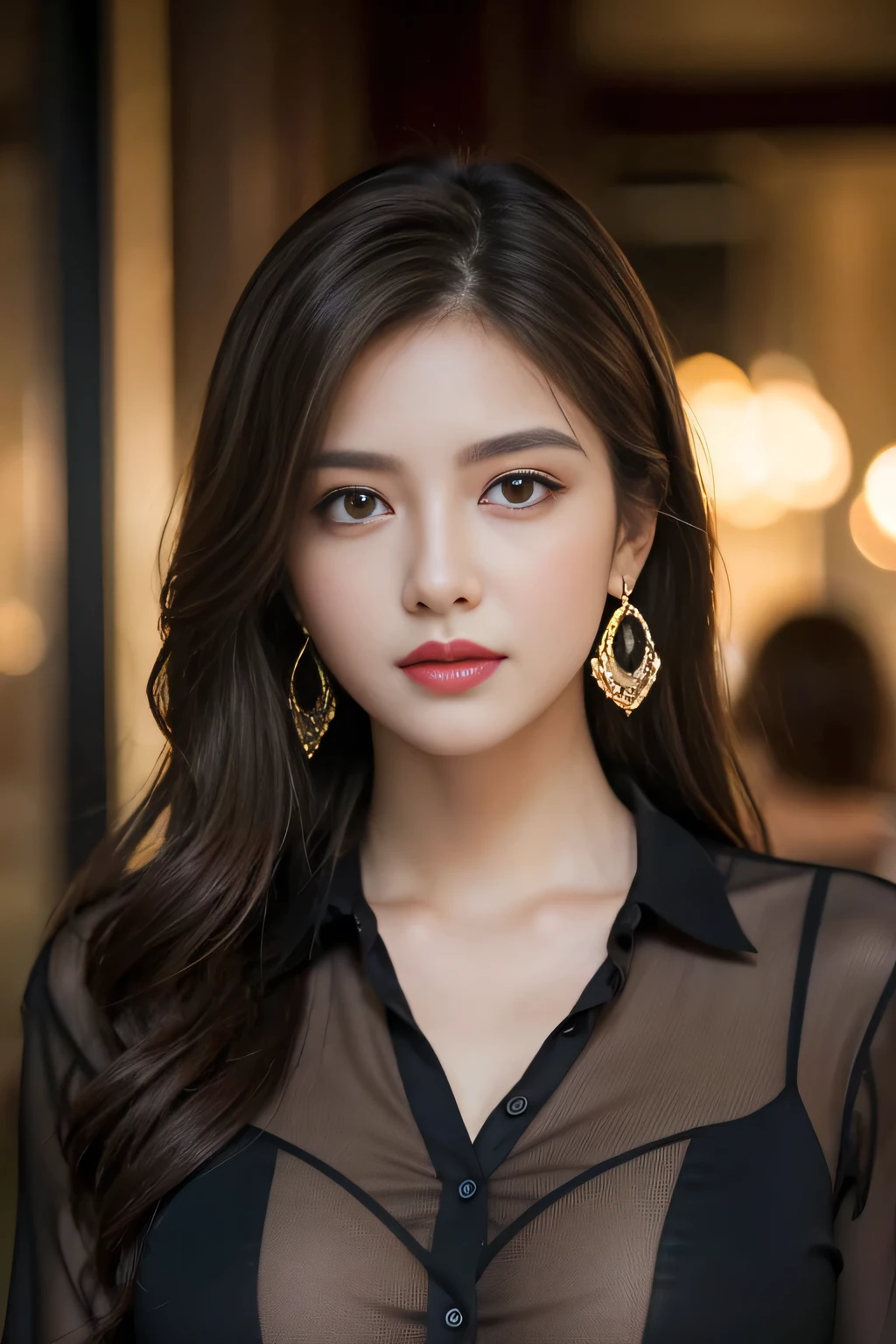 masterpiece, highest quality, Realistic, Very detailed, Finer details, High resolution, 8k wallpaper, One beautiful woman, Wear a black see-through shirt, In a great restaurant, At night, Light brown messy hair, Perfect dynamic composition, Beautiful and beautiful eyes、Big earrings