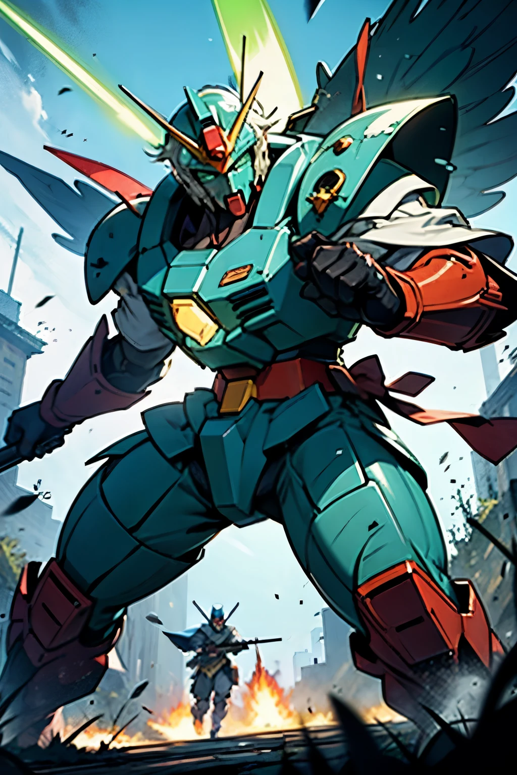 Blue Gundam Wing, samurai style armor, undead, heavy armor, green beam sabre, holding rifle, in battle, damaged, jet boosters, 