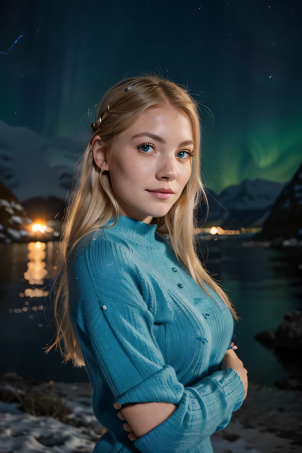 Crie uma foto de perfil de uma garota. The girl is originally from Sweden and was born in the Arctic Circle. She is a beautiful blonde with blue eyes who loves Vikings and tattoos. The image takes place in the landscape of a Norwegian fjord. There is no nudity and the girl is wearing a sweater. The girl is smiling and has a big blue, attractive eyes that reflect the stars in the sky. no fundo da foto, the northern lights can be seen behind the girl. A menina tem seios grandes. A tem um rosto lindo e sardas no rosto. Ela tem um rosto parecido com o da atriz Katheryn Winnick, but they are not the same.