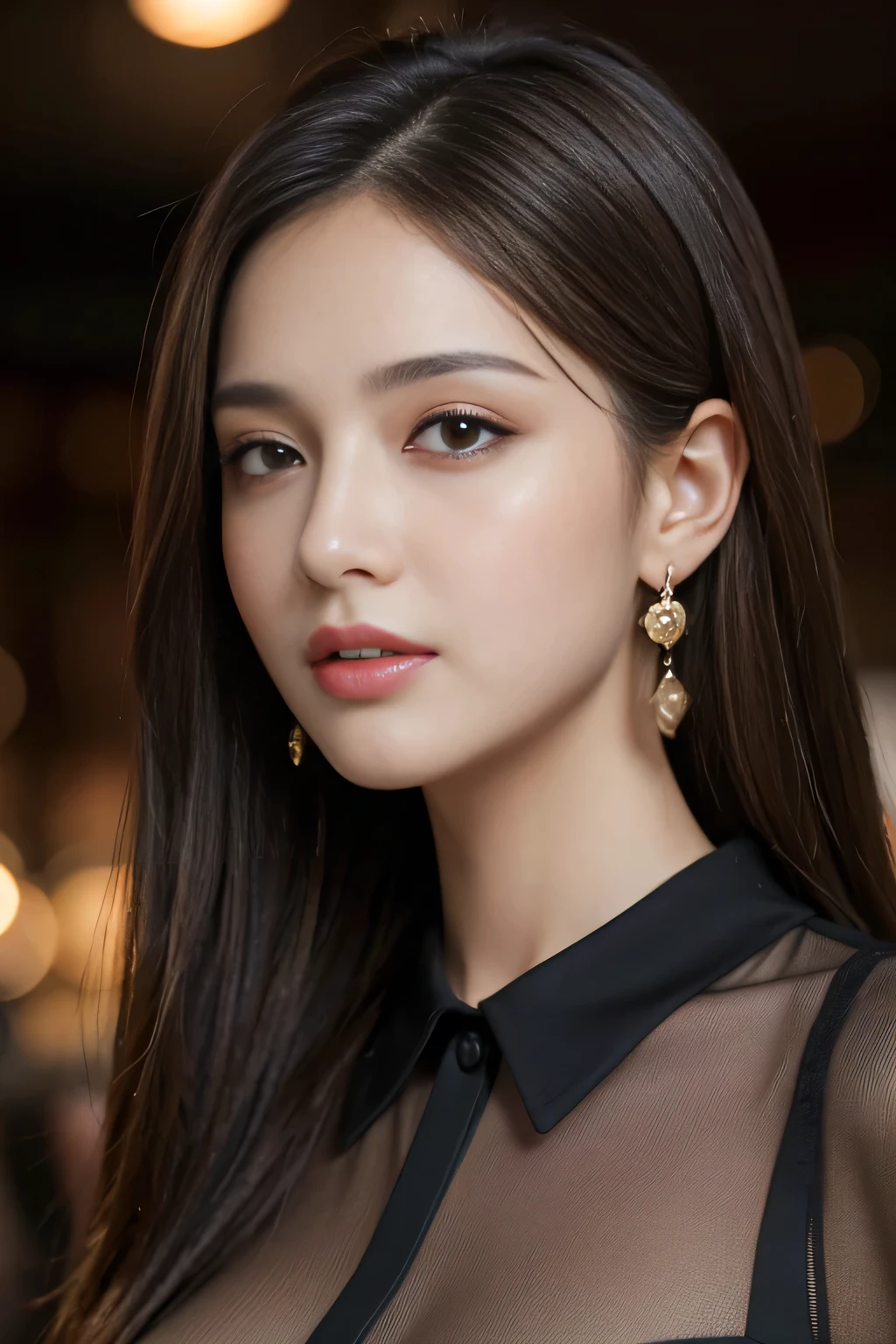 masterpiece, highest quality, Realistic, Very detailed, Finer details, High resolution, 8k wallpaper, One beautiful woman, Wear a black see-through shirt, In a great restaurant, At night, Light brown messy hair, Perfect dynamic composition, Beautiful and beautiful eyes、Big earrings
