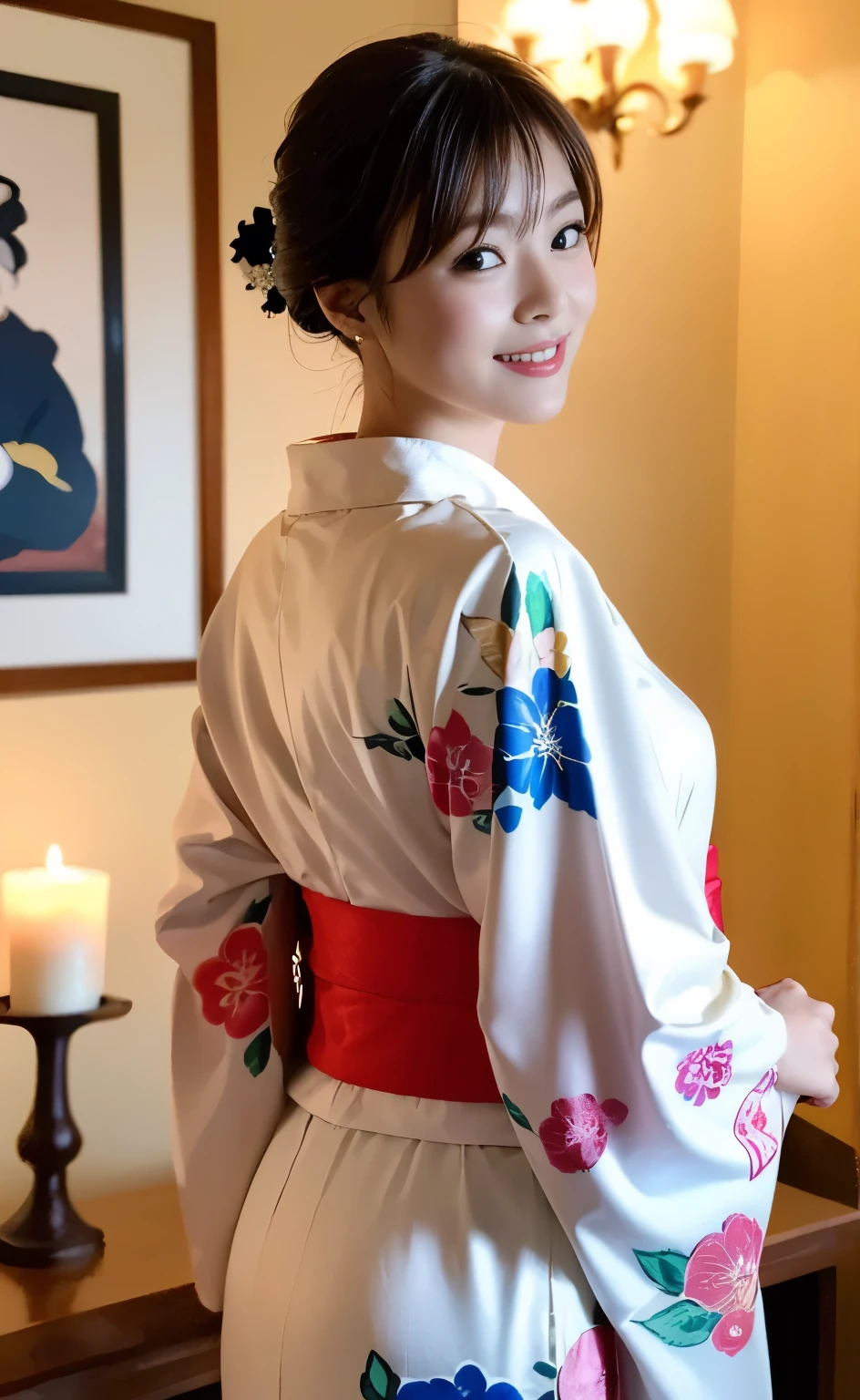 ((Perfect anatomy with detailed depictions and no extra limbs)) ,masterpiece,Ulzan 6500,(Realistic, photoRealistic),Japanese-style room at a long-established inn at night,(((Warm lighting with candles only))),Photographed in front of a shoji screen,((A full-body shot of a beautiful figure standing with knees together, with the background in the background)),((The elegant and sophisticated Japanese attire with a dazzling presence)),A pose that reaches all the way to your fingertips,((Japanese painting,Hokusai)),(Beautiful Japanese hairstyle),(Beautiful kimono back collar),(Japan kimono),Contrasting light and shadow,Clear Face,masterpiece,Super Detail,Great composition,Ultra HD,high quality,Very detailed,soft,4K wallpaper,Super Detail,Plenty of white space,4K shooting with deep depth of field,A classy smile shines, Beautiful background bokeh,(Saiharu Body),(Delicate eyes that even capture the light inside the pupils),Professional Perspective,Amazing details,Beauty condensed into one girl,Chestnut bouncy hair,繊細でHigh noseを持つ美しい顔,Long limbs like a model,Coke bottle body with firm hips and a tight waist,High nose, Clear chestnut eyes, Glossy Lips,