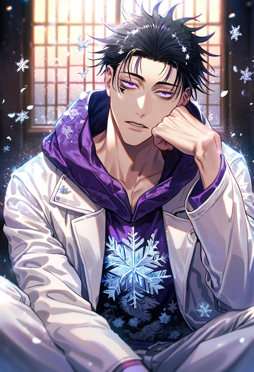 Ultra detailed, Highres, absurdres, HDR, Choso, black hair, expressive purple eyes, white coat with patterns with a hoddie, Jujutsu Kaisen, white flowers, winter, ice, snowflakes, petals, handsome, sexy man, solo, very detailed eyes and face, ice butterflies, master piece, toned chest, glittering, sitting