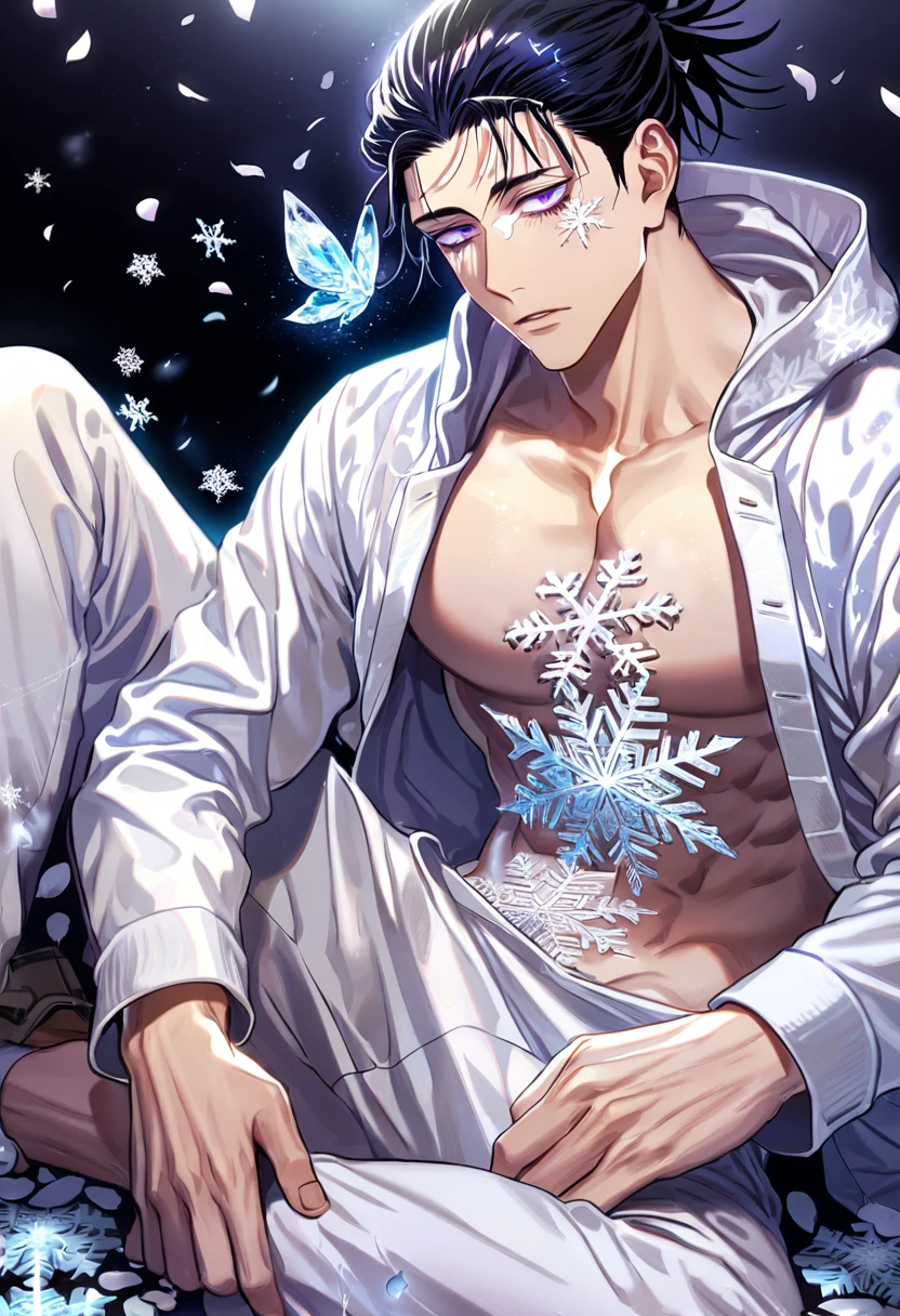 Ultra detailed, Highres, absurdres, HDR, Choso, black hair, expressive purple eyes, white coat with patterns with a hoddie, Jujutsu Kaisen, white flowers, winter, ice, snowflakes, petals, handsome, sexy man, solo, very detailed eyes and face, ice butterflies, master piece, toned chest, glittering, sitting