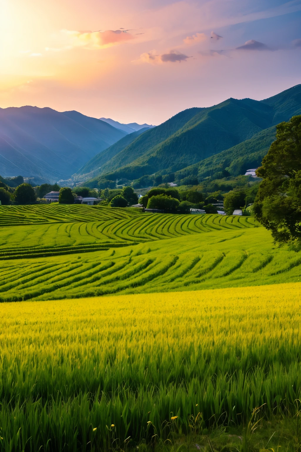 Wide々とした稲田がWideがる静かな田舎風景を描いてください。The view of the rising sun、Ears of rice swaying in the wind、Mountains towering in the distance々Such、Please express the beauty of the Japanese countryside.。