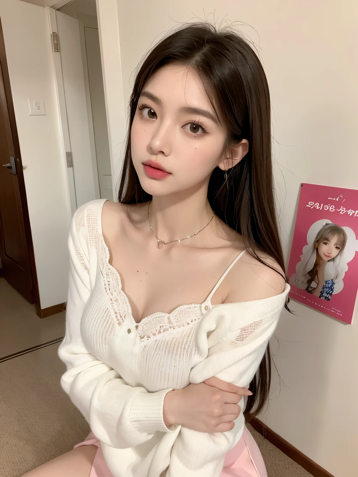 Kim Jennie with white brown hair, con rulos en las puntas, all her hair white brown, with a star clip in her white brown hair, ojos de color claro, ojos bonitos, ojos llorosos, nariz bonita y respingada, nariz lloroso, labios bonitos, labios rosas, heart and cupid shaped lip, piel bonita, pale, piel blanca, con lunares y pecas en todo el rostro, rubor rosa suave en las mejilla, rubor rosa natural, maquillaje suave y rosa, jennie, cuello bonito, cuello marcado, frown, mirada tierna, con un collar de beso, un collar bonito de beso, parecido a Yumeko Jabami, mientras lleva puesto un Crochet YK2, de lana, with a YK2 style brown mini skirt, mientras lleva una casaca con estampados de ositos, mientras tiene el abdomen desnudo, delgado, marcado y bonito, (pechos grandes, pechos suaves, pechos bonitos), mientras esta haciendo cospaly del personaje Yumeko Jabami, del anime Kakegurui, mirando a la camara, autofoto, selfie bonita