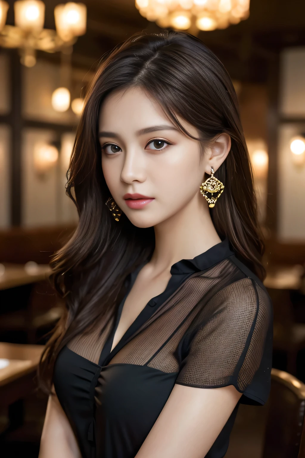 masterpiece, highest quality, Realistic, Very detailed, Finer details, High resolution, 8k wallpaper, One beautiful woman, Wear a black see-through shirt, In a great restaurant, At night, Light brown messy hair, Perfect dynamic composition, Beautiful and beautiful eyes、Big earrings