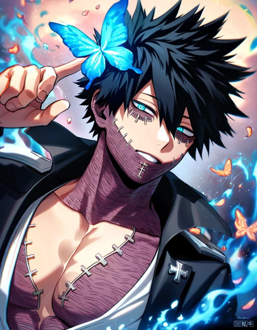 absurdres, highres, ultra detailed, HDR, master piece, best quality, Dabi, black hair spiked around his head, hair between the eyes, expressive turquoise eyes, Boku No Hero Academia, solo, sexy man, handsome, toned chest, white shirt, black coat, cross, butterflies, petals, magical, blue flames
