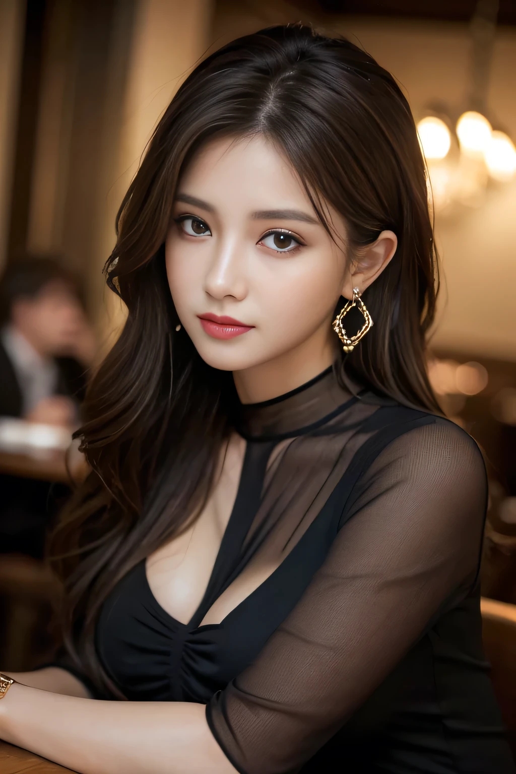 masterpiece, highest quality, Realistic, Very detailed, Finer details, High resolution, 8k wallpaper, One beautiful woman, Wear a black see-through shirt, In a great restaurant, At night, Light brown messy hair, Perfect dynamic composition, Beautiful and beautiful eyes、Big earrings