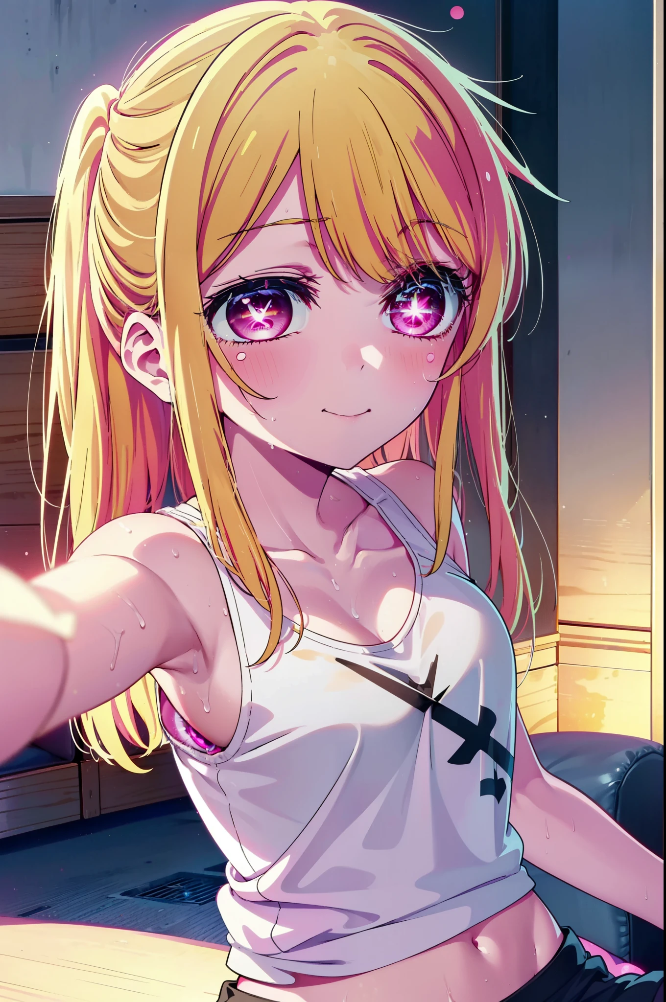 rubyhoshino, Hoshino Ruby, Long Hair, bangs, Blonde Hair, (Pink Eyes:1.3), (Symbol-shaped pupil:1.5), Multicolored Hair, Two-tone hair, happy smile, smile, Open your mouth,smile,Tank top shirt,Shorts,Belly button,Sweat,Wet Naked,Wet clothes,Eating ice cream,Sitting leaning against the sofa,Daytime,So that the whole body goes into the illustration,
Break indoors, room,
壊す looking at viewer,Destroy the whole body (masterpiece:1.2), highest quality, High resolution, unity 8k wallpaper, (figure:0.8), (Beautiful fine details:1.6), Highly detailed face, Perfect lighting, Highly detailed CG, (Perfect hands, Perfect Anatomy),