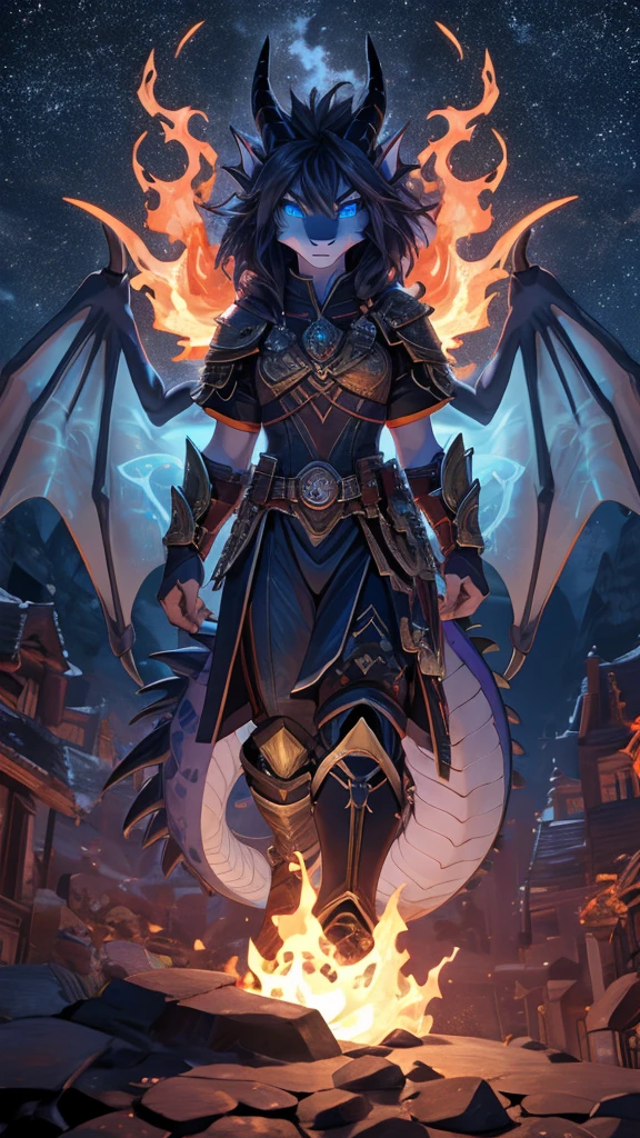 (masterpiece), (best quality), (high uqality), (8k), girl, (full-body), dragon armor, intricate details, red glow, short shilver hair, back messy hair, detailed hair strands, light blue eyes, nce expression, walking in lesser caotic place as she rule the world, fire background, and dragons in the night sky, fierce (high quality ilumination)
