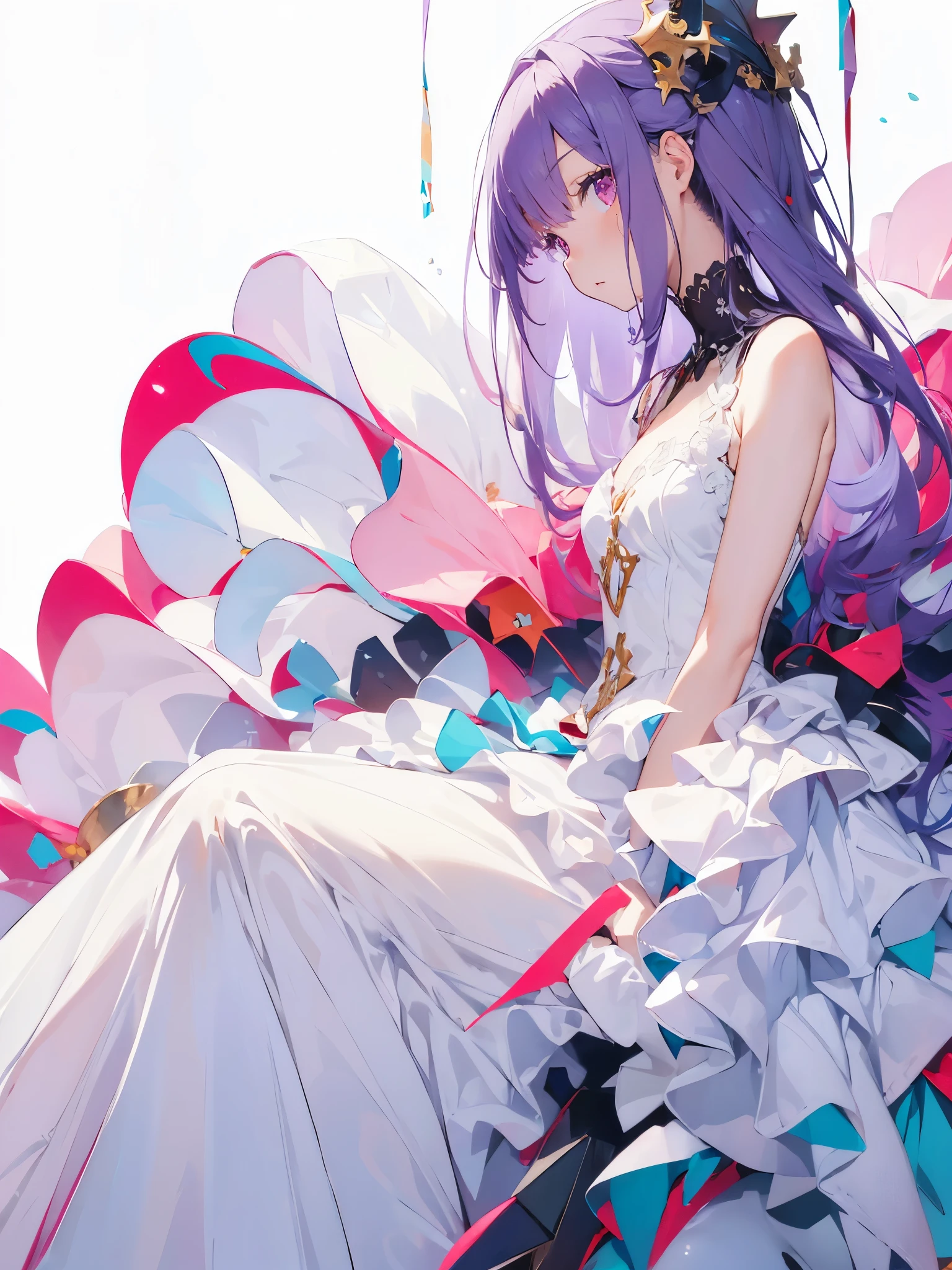 (White Background:1.5)One drunk girl, Beautiful and fine details, Long purple hair, Pale red eyes, Princess Dress, Sitting, Side Shot, (null:1.3),Abstract