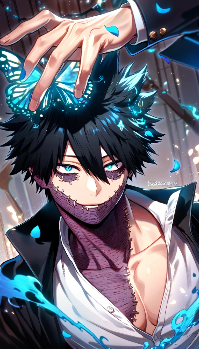 absurdres, highres, ultra detailed, HDR, master piece, best quality, Dabi, black hair spiked around his head, hair between the eyes, expressive turquoise eyes, Boku No Hero Academia, solo, sexy man, handsome, toned chest, white shirt, black coat, cross, butterflies, petals, magical, blue flames