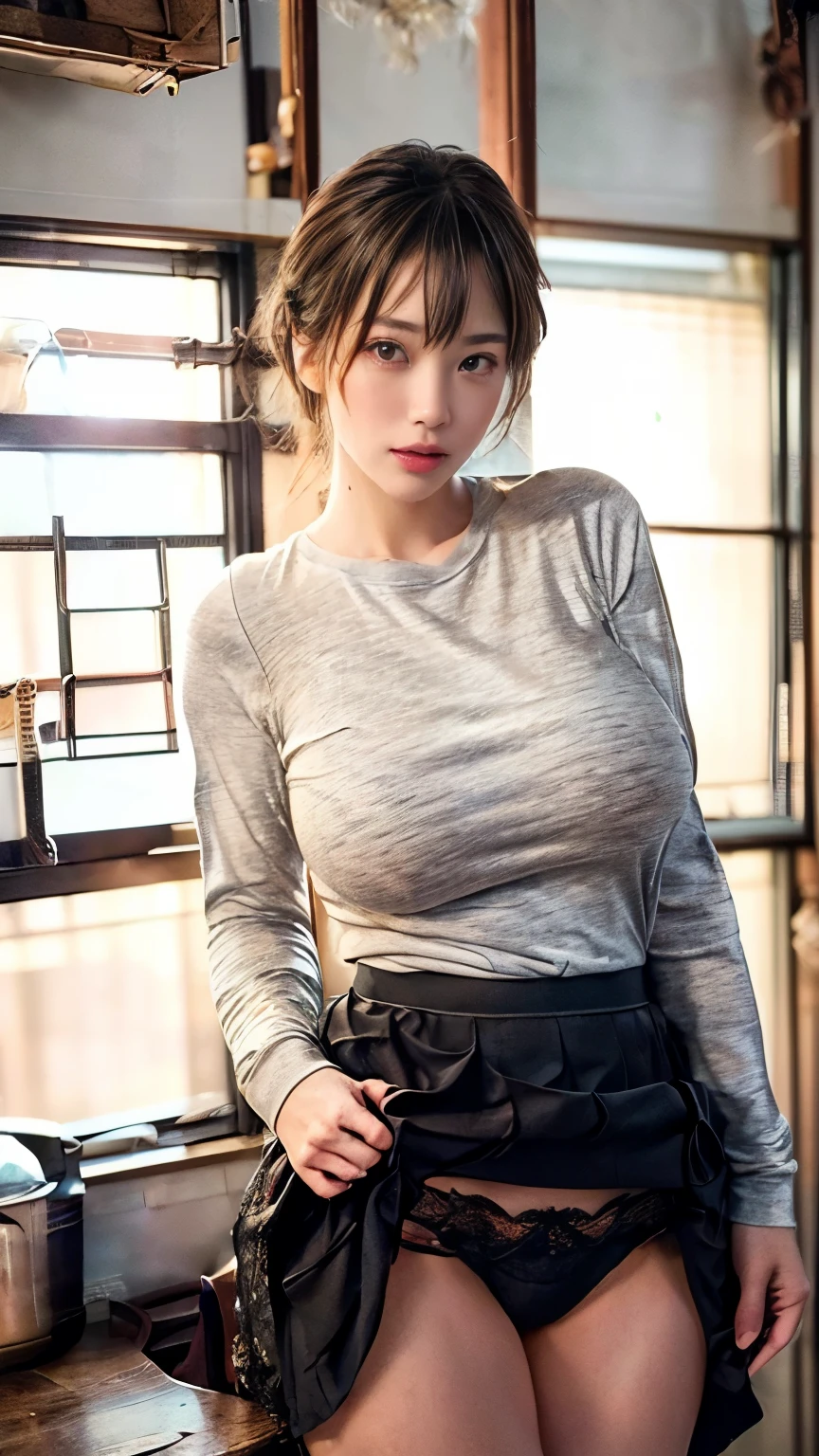 housewife in the kitchen、(Mature Woman)、(45 years old)、((Super huge boobs))、((Super tight simple long sleeve T-shirt))、Hairstyles with bangs、((Loose Side Tail))、cooking、Knee-length skirt、((Black-haired))、highest quality、超A high resolution、(Photorealistic:1.85)、Beautiful Japanese Eyes、Super Beauty、Perfect Style、Perfect balance、Detailed skin、((Delicate photo))，(Detailed RAW photos of girls), (Tabletop:1.25), (highest quality:1.6), (超A high resolution:1.5), (Photorealisticです:1.75), 8K resolution, Canon EOS R5, 50mm, Absurd, Ultra-detailed,Cinema Lighting、((Skirt rip))、((Grab the skirt))、(((Lace panties are visible)))、(Simple panties)、