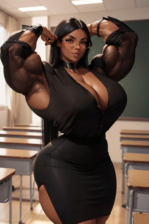 (((((Massive beautiful, buff, bulky, brown skinned muscular woman with black hair, ginormous bulky muscles and wearing a black unbuttoned long sleeve blouse and a black pencil skirt with slit))))), (close view), (eyeglasses), vascular, massive muscles, massive biceps, hyper muscle shoulders, vascular shoulders, hyper muscle triceps, (long straight hair), orange eyes, (high heels), sensual smile, (in a classroom), Vascular arms, hyper vascular arm, hyper muscles arms, hyper muscle legs, massive buff arms