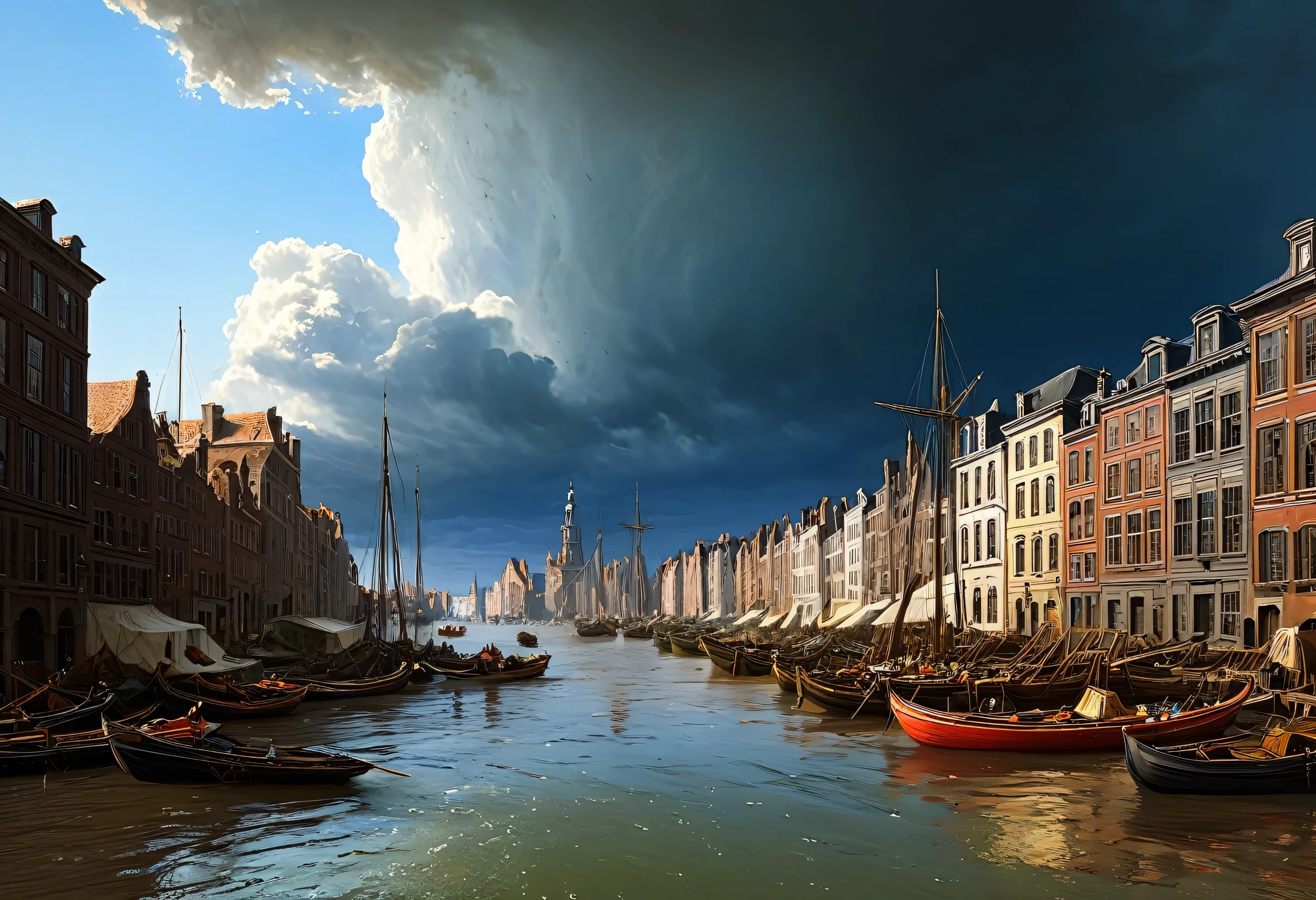 A picture of a city with many boats floating on the water, inspired Andreas Achenbach, Inspired by Nicolaes Peterszoon Berchem, Sebastian Peser, Background of the Renaissance port city, Painting of the Flood, Andreas Achenbach, Inspired by Thomas Cole, Inspired by Paulus Morelles, Dutch Golden Age painting, Dramatic works of art
