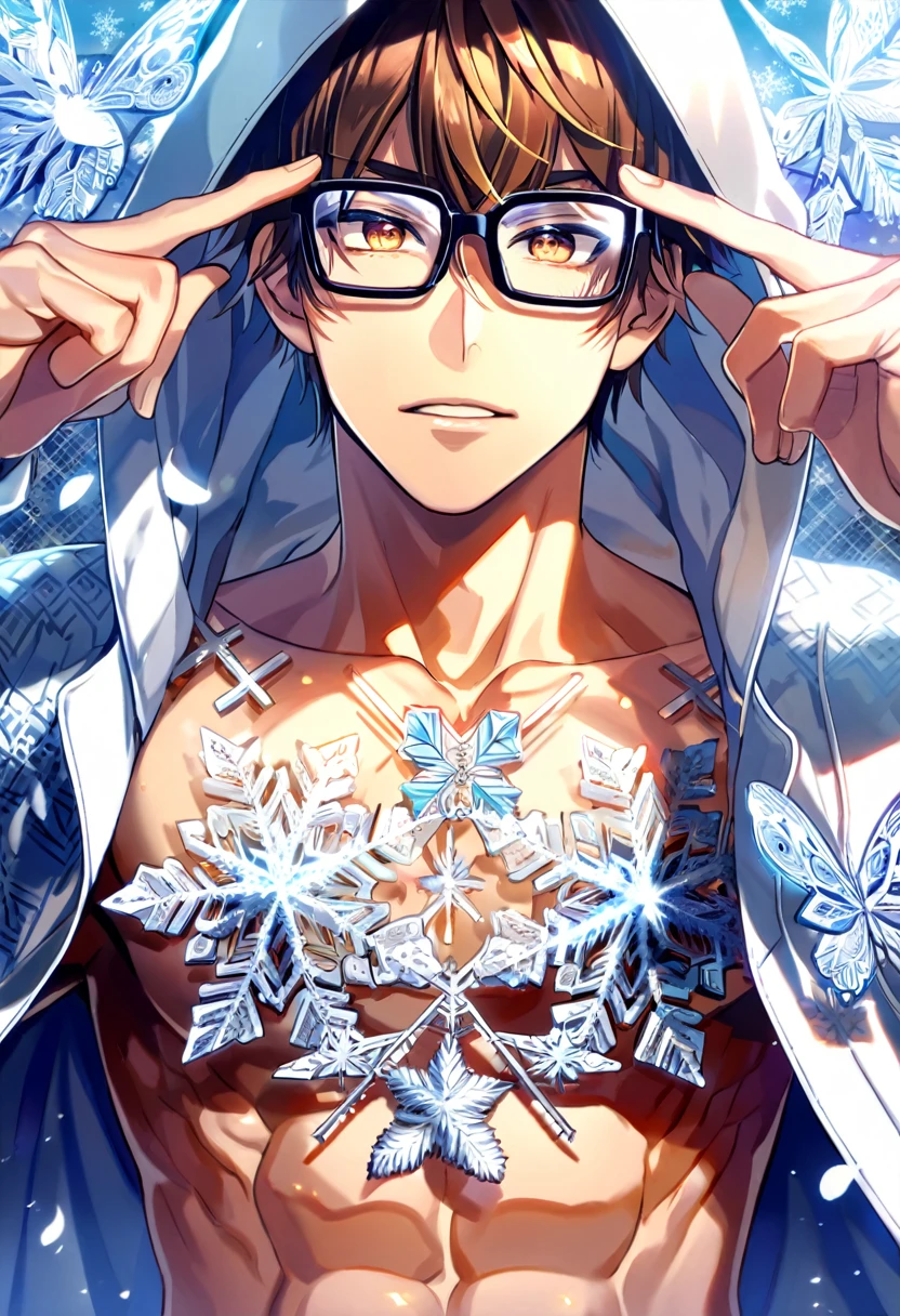 Ultra detailed, Highres, absurdres, HDR, Miyuki Kazuya, brown hair, expressive amber eyes, black glasses, white coat with patterns with a hoddie, Diamond No Ace, white flowers, winter, ice, snowflakes, petals, handsome, sexy man, solo, very detailed eyes and face, ice butterflies, master piece, toned chest, glittering