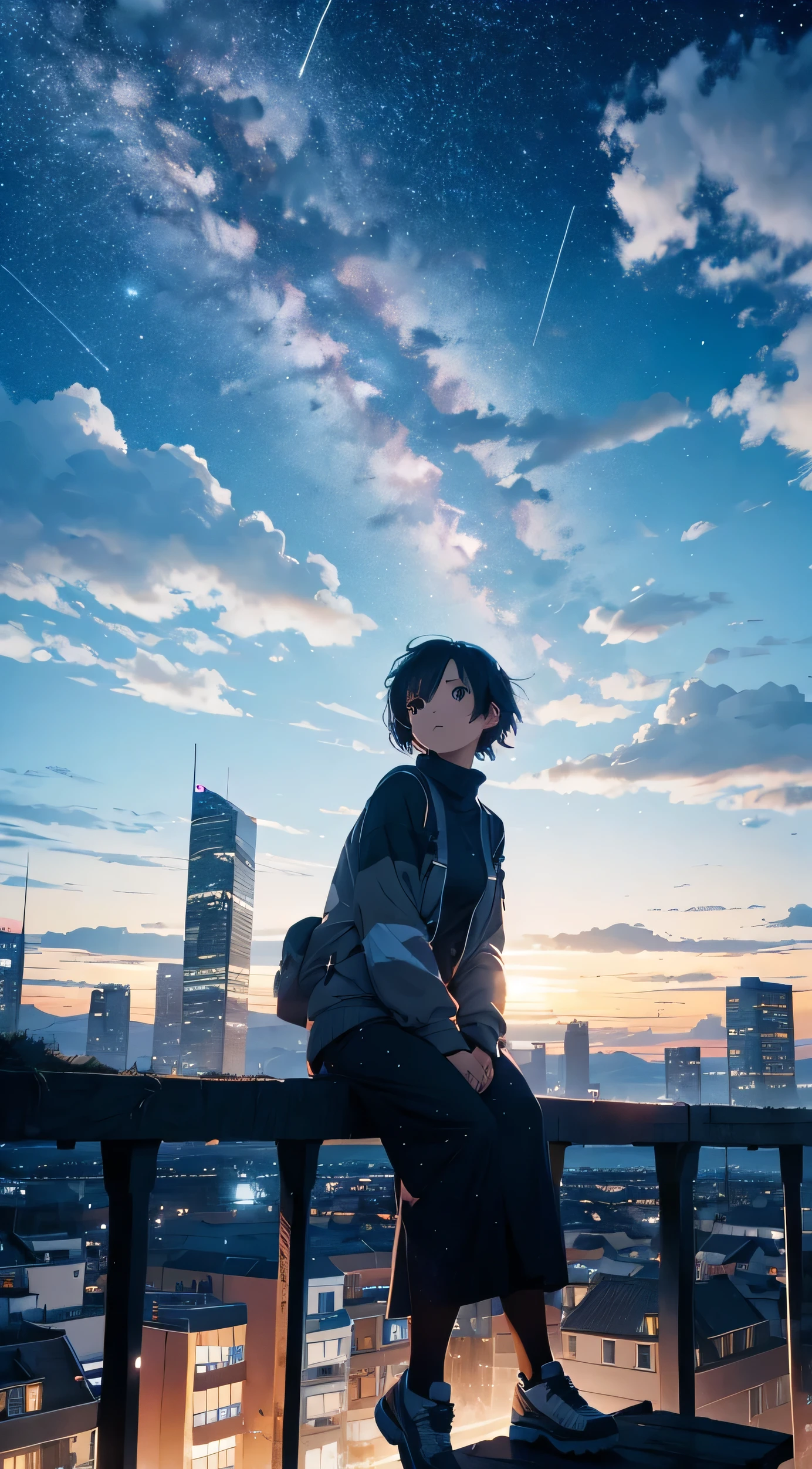 octans, sky, star (sky), scenery, starry sky, night, 1girl, night sky, solo, outdoors, building, cloud, milky way, sitting, tree, short hair, city, silhouette, cityscape