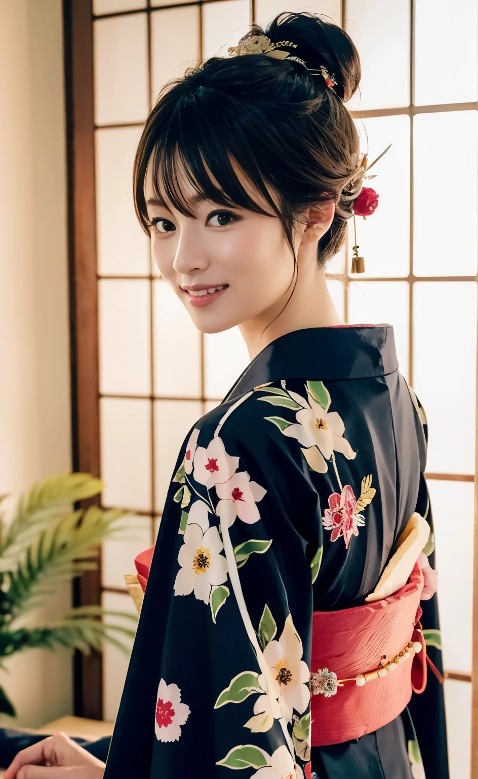 (((Carefully drawn with perfect anatomy))),A photo session in kimono in the soft light of a lantern in a Japanese-style room at a long-established luxury inn,A beautiful geisha in formal, high-class Japanese attire sitting upright next to a shoji screen,(((Tayuu is photographed from behind, sitting upright with her head tilted and smiling over her shoulder.))),(((Beautiful black hair arranged in a Japanese hairstyle, Date Hyogo, with many hairpins on her head:1.3))),One girl,one personで,A dignified smile,Eyes that capture the light of the chestnut color,A fine Japanese hairstyle,hair ornaments,An elegant posture with knees together,Furisode kimono,kimono,Red lips,eye shadow,黒いkimono,Nishijin obi,Many bamboo hairpins,Masterpiece,Ulzan 6500,(Realistic,photoRealistic),masterpiece,High resolution,The best light and shadow contrast,Main Character,Very high depth of field,soft delicate beautiful attractive 顔, Beautiful Edge Oiran_woman, a woman in a kimono posing for a picture,Perfect Edge Oiran_body,edge Oiran_Hairstyle,(Saiharu Body),(Tabletop,high quality,最high quality),(Delicate eyes and face),Ray Tracing,Highly detailed CG Unity 4k wallpaper,one person,Best image quality,Excellent detail,超A high resolution,Realistic:1.4),Attention to detail,Attention to detail,Beauty condensed in 1girl,Beautiful brown hair,繊細でHigh noseを持つ美しい顔,Long limbs like a model,Tight waist,High nose,Clear chestnut eyes,Glossy lips,