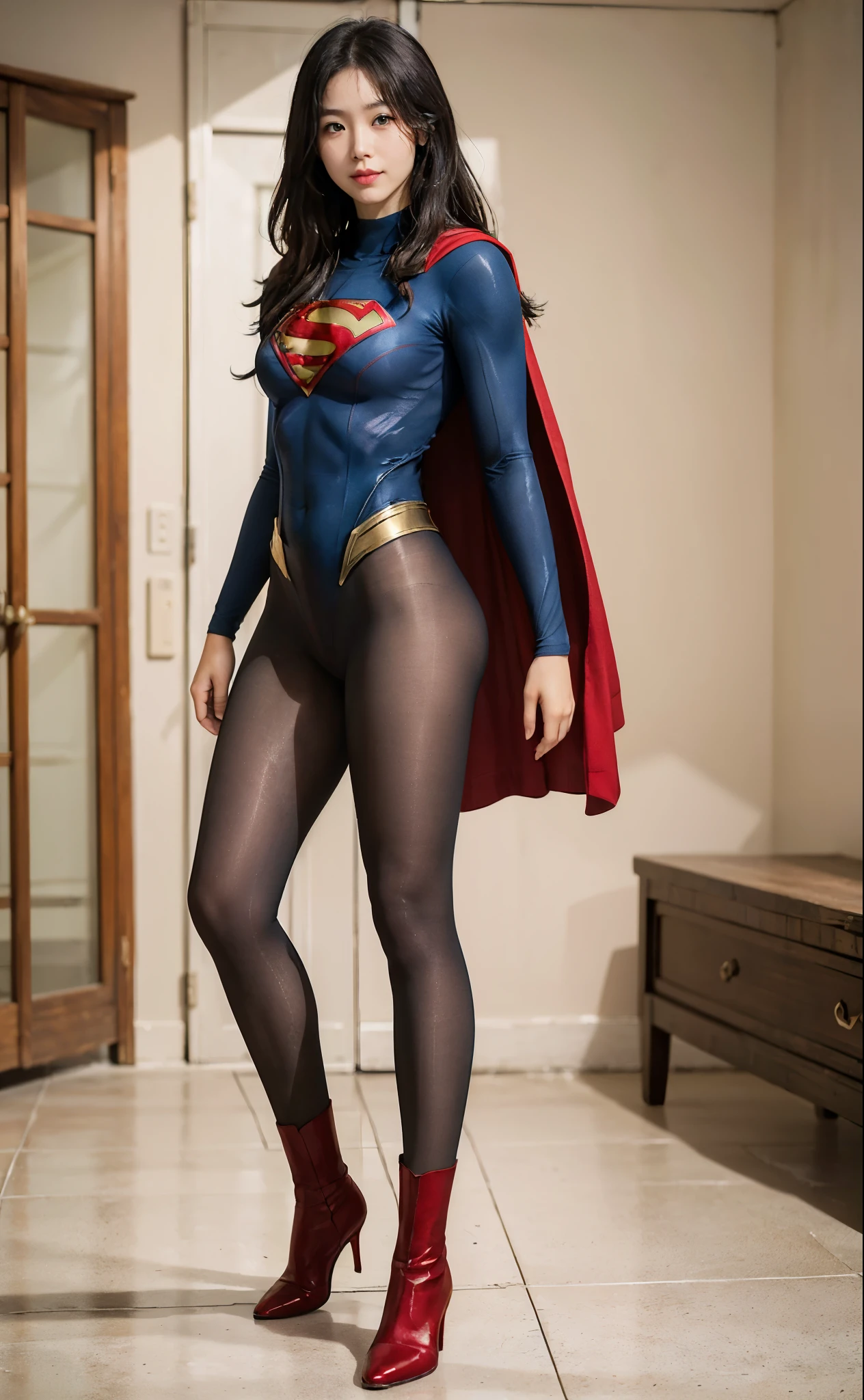No background、(((Beautiful legs in black tights.)))、(((Legally express the beauty of your smile)))、((((Make the most of your original images)))、(((Body-fitting Supergirl costume)))、(((Supergirl Costume)))、(((Beautiful Hair)))、(((suffering)))、(((Please wear black tights....、Wear red boots)))、((Best image quality、8k))、((highest quality、8k、masterpiece:1.3))、(((Preserve background )))、Sharp focus:1.2、Beautiful woman with perfect figure:1.4、Slim Abs:1.2、Wet body:1.5、Highly detailed face and skin texture、8k