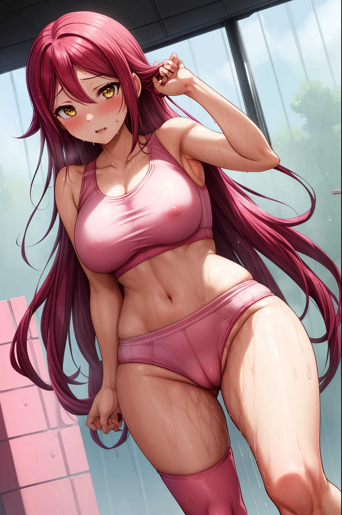 Sakurauchi riko, pink skinny sweet pants, tight gym bra, sweating,sweat drops , (cleavage:0.7),unstyled hair,wet hair,yellow eyes,thicc legs, standing, NSFW style, crotch