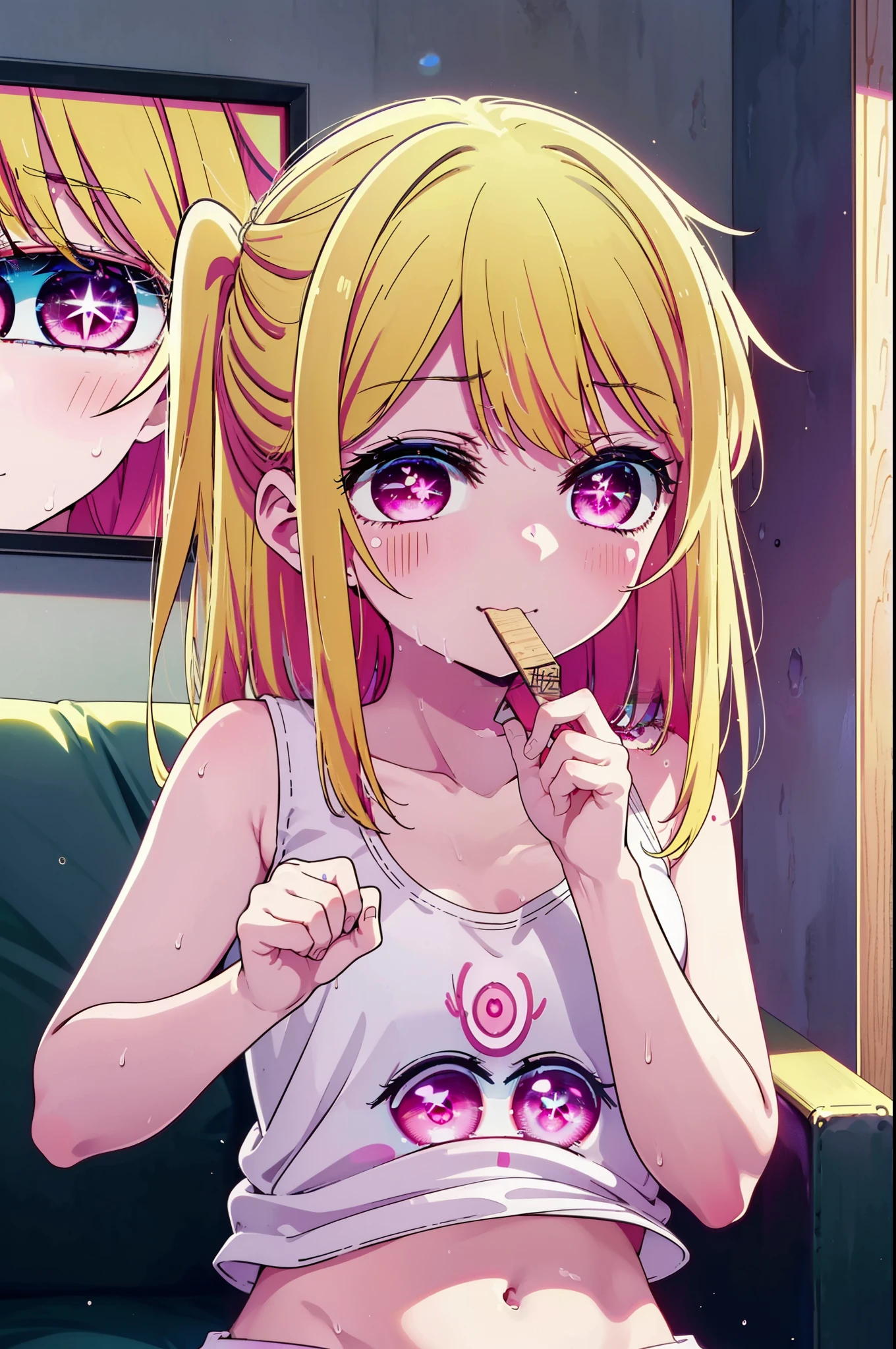 rubyhoshino, Hoshino Ruby, Long Hair, bangs, Blonde Hair, (Pink Eyes:1.3), (Symbol-shaped pupil:1.5), Multicolored Hair, Two-tone hair, happy smile, smile, Open your mouth,smile,Tank top shirt,Shorts,Belly button,Sweat,Wet Naked,Wet clothes,Eating ice cream,Sitting leaning against the sofa,Daytime,So that the whole body goes into the illustration,
Break indoors, room,
壊す looking at viewer,Destroy the whole body (masterpiece:1.2), highest quality, High resolution, unity 8k wallpaper, (figure:0.8), (Beautiful fine details:1.6), Highly detailed face, Perfect lighting, Highly detailed CG, (Perfect hands, Perfect Anatomy),