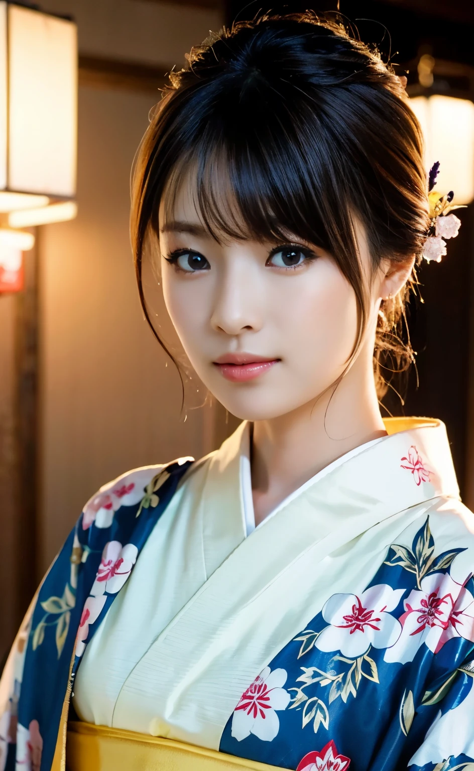 (((Carefully drawn with perfect anatomy))),A photo session in kimono in the soft light of a lantern in a Japanese-style room at a long-established luxury inn,A beautiful geisha in formal, high-class Japanese attire sitting upright,(((正座して頭を傾げて肩越しに微笑む太夫を後方から全body撮影))),(((Beautiful black hair arranged in a Japanese hairstyle, Date Hyogo, with many hairpins on her head:1.3))),One girl,one personで,A dignified smile,Eyes that capture the light of the chestnut color,A fine Japanese hairstyle,hair ornaments,An elegant posture with knees together,Furisode kimono,kimono,Red lips,eye shadow,黒いkimono,Nishijin obi,Many bamboo hairpins,Masterpiece,Ulzan 6500,(Realistic,photoRealistic),masterpiece,High resolution,The best light and shadow contrast,Main Character,Very high depth of field,soft delicate beautiful attractive 顔, Beautiful Edge Oiran_woman, a woman in a kimono posing for a picture,Perfect Edge Oiran_body,edge Oiran_Hairstyle,(Saiharu Body),(Tabletop,high quality,最high quality),(Delicate eyes and face),Ray Tracing,Highly detailed CG Unity 4k wallpaper,one person,Best image quality,Excellent detail,超A high resolution,Realistic:1.4),Attention to detail,Attention to detail,Beauty condensed in 1girl,Beautiful brown hair,繊細でHigh noseを持つ美しい顔,Long limbs like a model,Tight waist,High nose,Clear chestnut eyes,Glossy lips, 