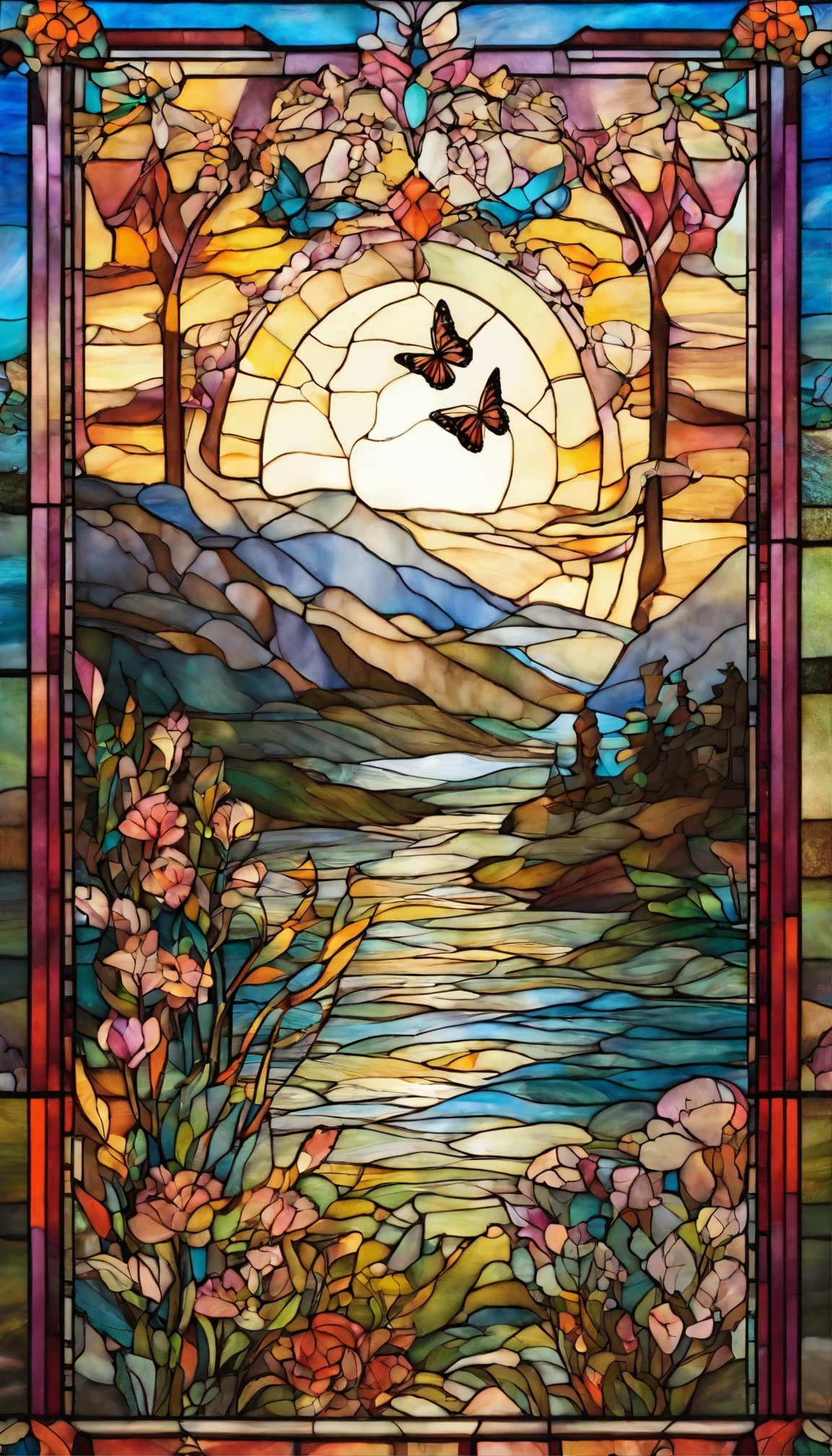 Beautiful energy art that gives power to those who see it。Landscape Images。butterflies dancing on the riverside。Fantastical。Dreamy。Fantasia。
