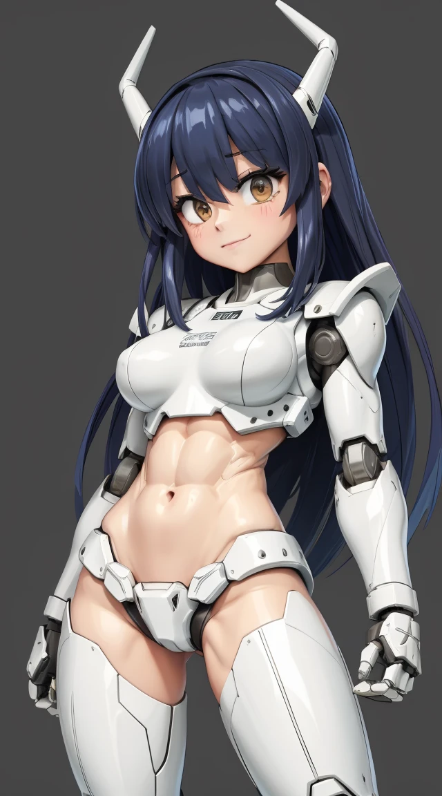 (arms behind back), ropa ajustada, Cintura delgada, pose provocativa, gran sonrisa, ojos detallados, abdominales fuertes, chica delgada, strong abs, muscle girl, front pose, big thighs, focus on face, small breast, large city background, heavy armor suit, mecha musume, mechanical parts, robot joints