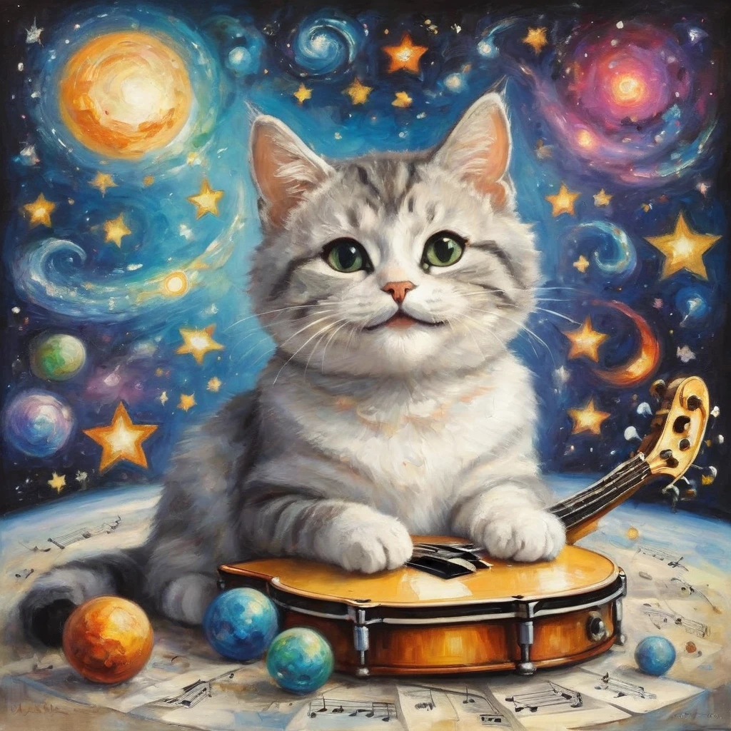 chibi, (((a chibi cute cat, smiling, facing forward))), colorful musical notes and instruments, musical notes, depicted with an ethereal and vibrant aura, ((surrounded by many other cats)), musical elements, singing, and playing musical instruments, the background is a cosmic scene with stars, galaxies, and nebulae, enhancing the sense of vastness, ((Marc Chagall style)), magical naive art, primitivism, protogen, ((Best quality, masterpiece)),
((((Highest detail), Impressionism:1,1, 8K