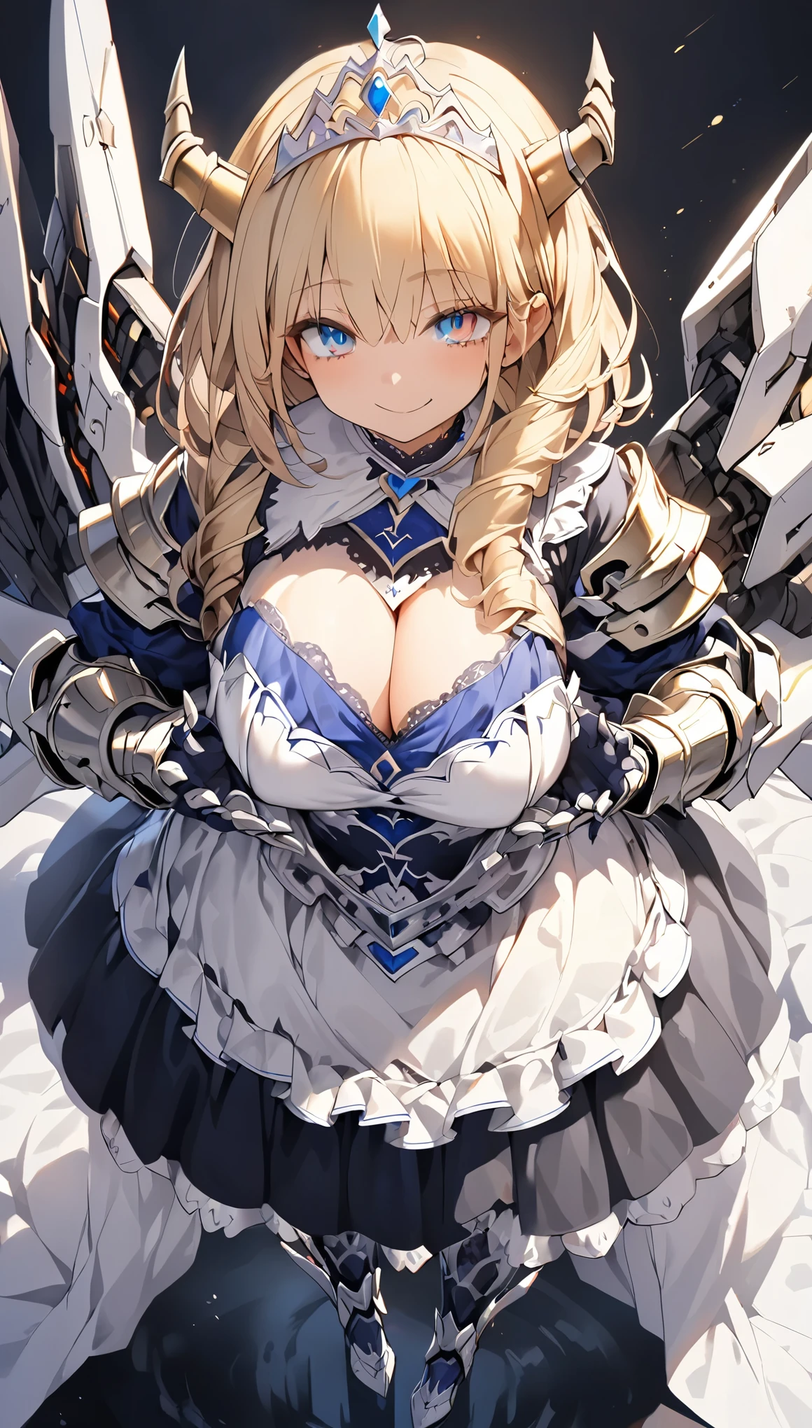 masterpiece, best quality, extremely detailed, high resolution, Japanese anime, 1girl, blonde hair, (short length hair:1.4), side braid hair, curly hair, wavy hair, drill hair, curl outward hair, (huge breast:1.2), (mechanical horn:1.5), mechanical wing, (blue eyes:1.5), (beautiful detailed eyes:1.4), laugh, 130cm tall, original character, fantasy, (black background:1.2), (full body:1.8), beautiful fingers, standing, (white Blue lace frill armor Gothic dress:1.5), (tiara:1.5) , shoot from front, looking at viewer