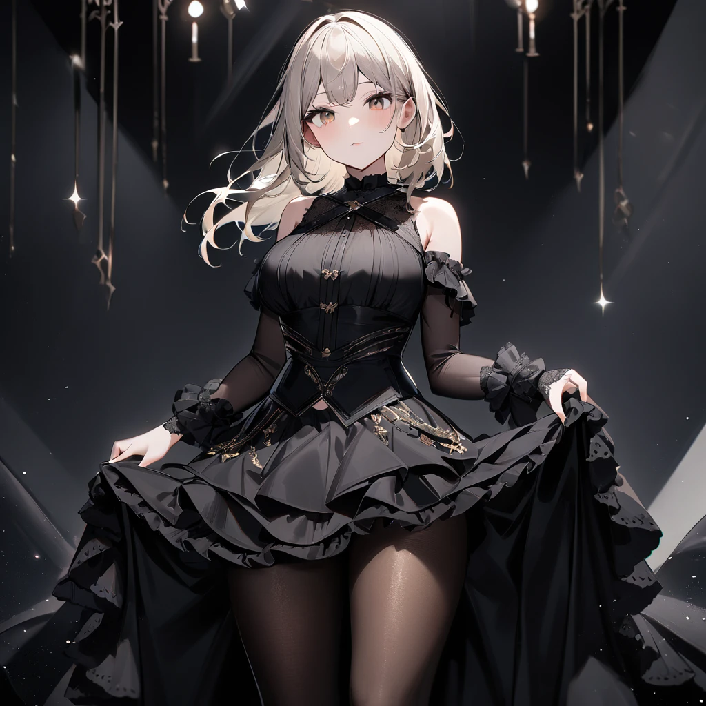 1 girl,best quality, very aesthetic,absurdres,looking at viewer,front view,Lovely lady,,skirt lift,high-grade,layer,westfrill,light hair,multilayer,blackcolor,trim,(side-Crisscross),breasts,upscale,Layered,yellow pale,blackglove,pantyhose,lovely,all black,Sleeveless