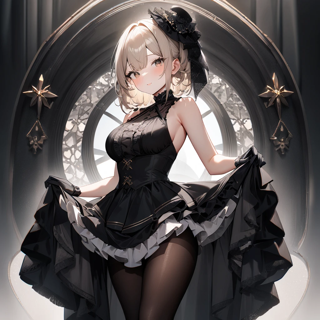 1 girl,best quality, very aesthetic,absurdres,looking at viewer,front view,Lovely lady,,skirt lift,high-grade,layer,westfrill,light hair,multilayer,blackcolor,trim,(side-Crisscross),breasts,upscale,Layered,yellow pale,blackglove,pantyhose,lovely,all black,Sleeveless
